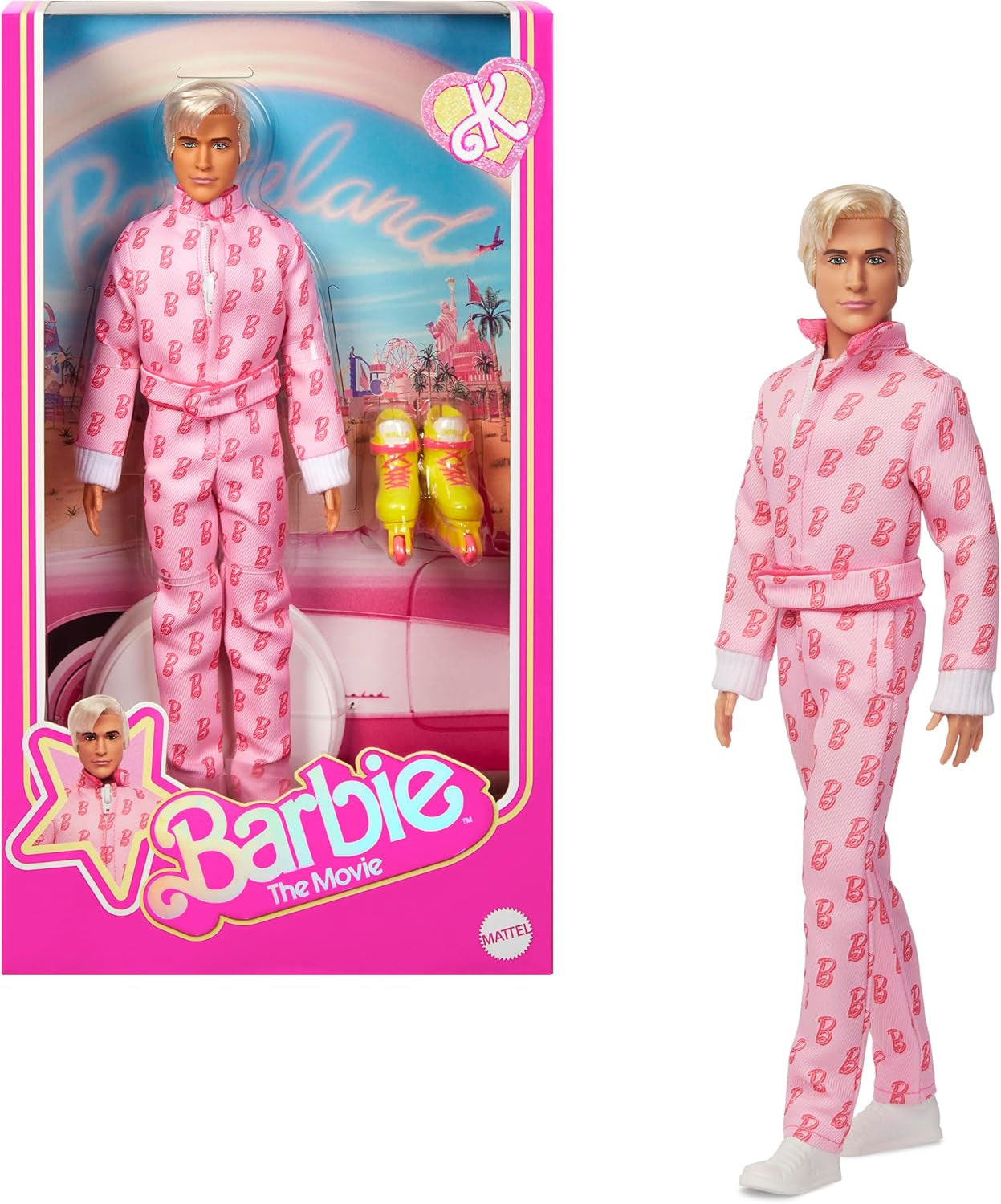 Barbie The Movie - Ken-Sammelpuppe, Ryan Gosling y Ken en rosafarbenem Overall con "B"-Aufdruck, weißen Sneakern und Bunten Inlineskates, JCP80