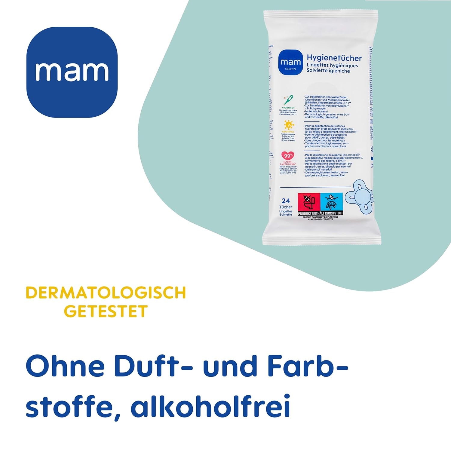 MAM Servilletas Sanitarias Paquete de 3 (3 x 24 Piezas), Toallitas de Limpieza para Dispositivos Médicos y Accesorios para Bebés, Servilletas Sanitarias Antibacterianas y Antivirus