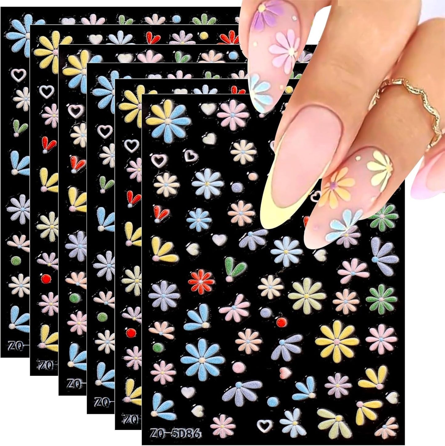 JMEOWIO 3D Nagelsticker Frühling Blumen 5 Blatt Nagelaufkleber 5D Stereoskopisch Selbstklebend Bunte Blüte Nail Art Sticker Decoración Nageldesign Zubehör