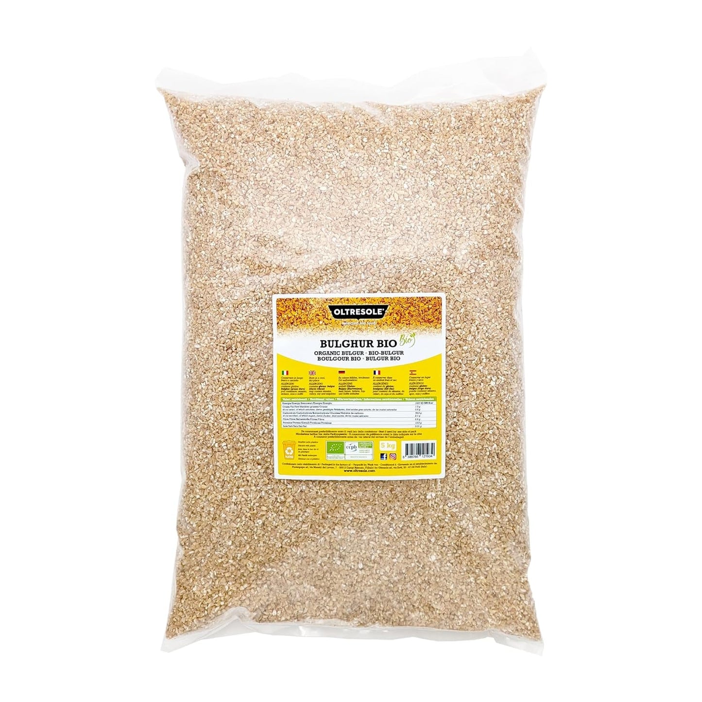 Bulgur italiano ecológico 5 kg, integral, trigo duro, trigo partido, ideal para elaborar tabulé y platos orientales, formato práctico