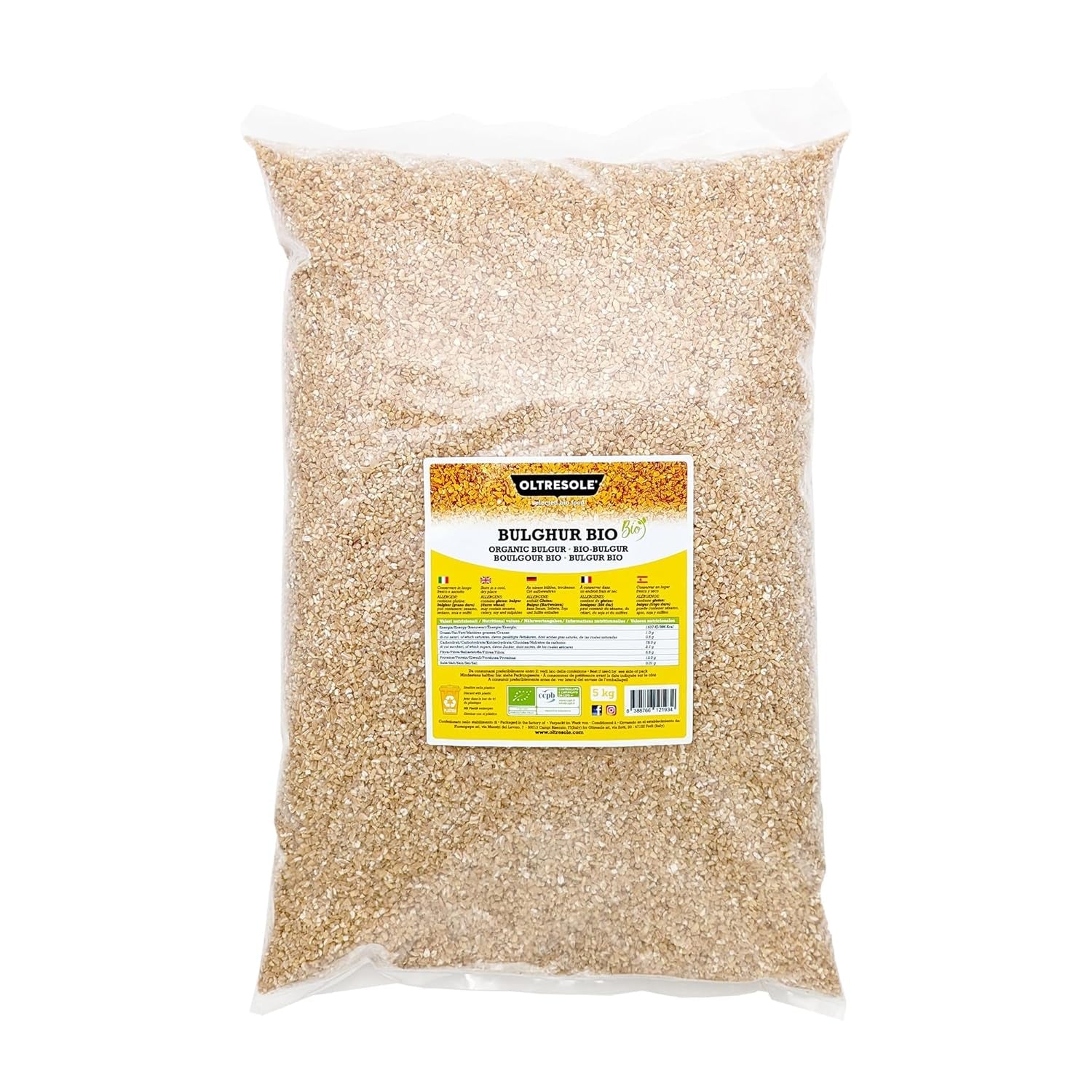 Bulgur italiano ecológico 5 kg, integral, trigo duro, trigo partido, ideal para elaborar tabulé y platos orientales, formato práctico