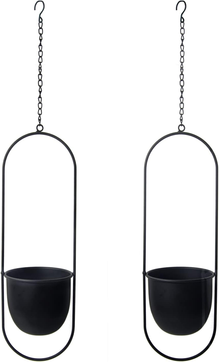 Macetas Colgantes de Metal 2 Piezas Colgador de Plantas geométrico Ovalado Negro con Macetas Jardinera Moderna de Pared y Techo Interior y Exterior 15,2 cm Macetas 2 Piezas
