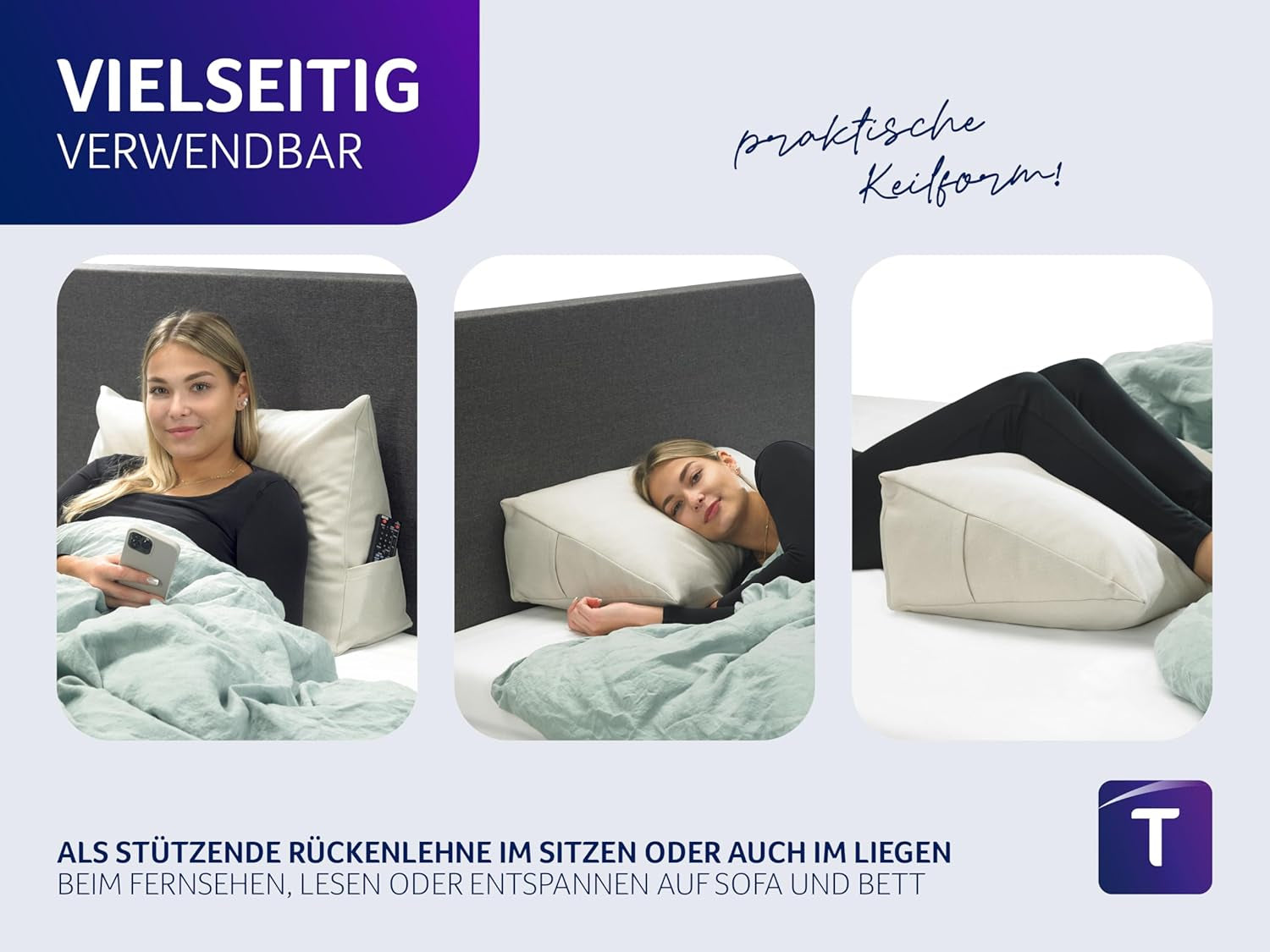 Traumnacht Cosy Back cojín de lectura, 70 x 40 cm beige, funda desenfundable y lavable de 100% poliéster, práctico bolsillo lateral, certificado Öko-Tex, fabricado según los estándares de calidad alemanes
