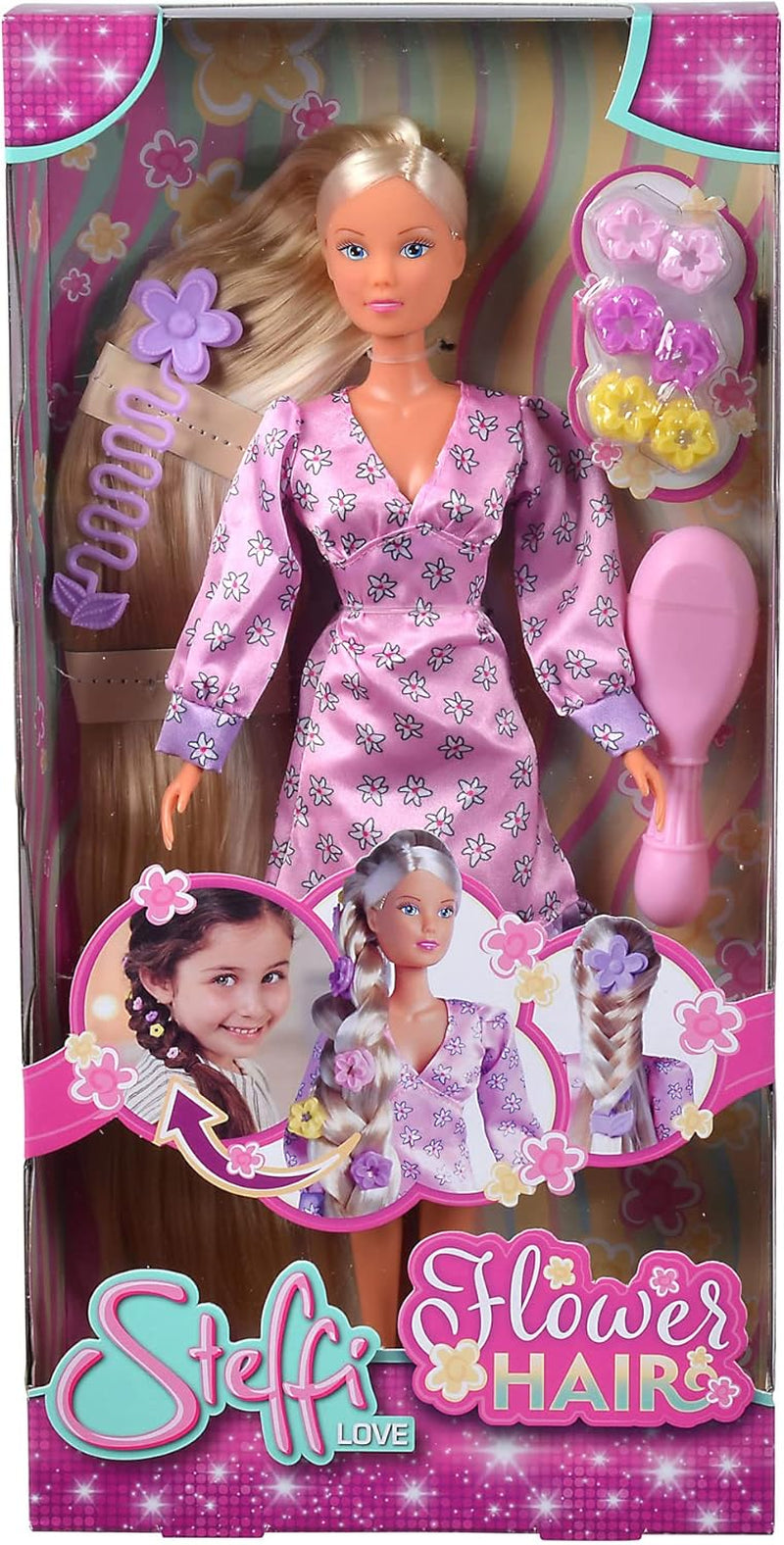 Simba 105733640 - Steffi Love Flower Hair, muñeca con pelo extra largo, incluye 6 clips, accesorio para trenza y peine, 29 cm, a partir de 3 años