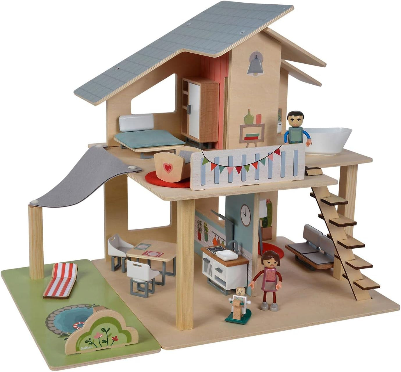 Eichhorn - Casa de muñecas con accesorios - incl. mueble y 3 figuras, sin montar, madera, 25 piezas, 53x36x44 cm, a partir de tres años