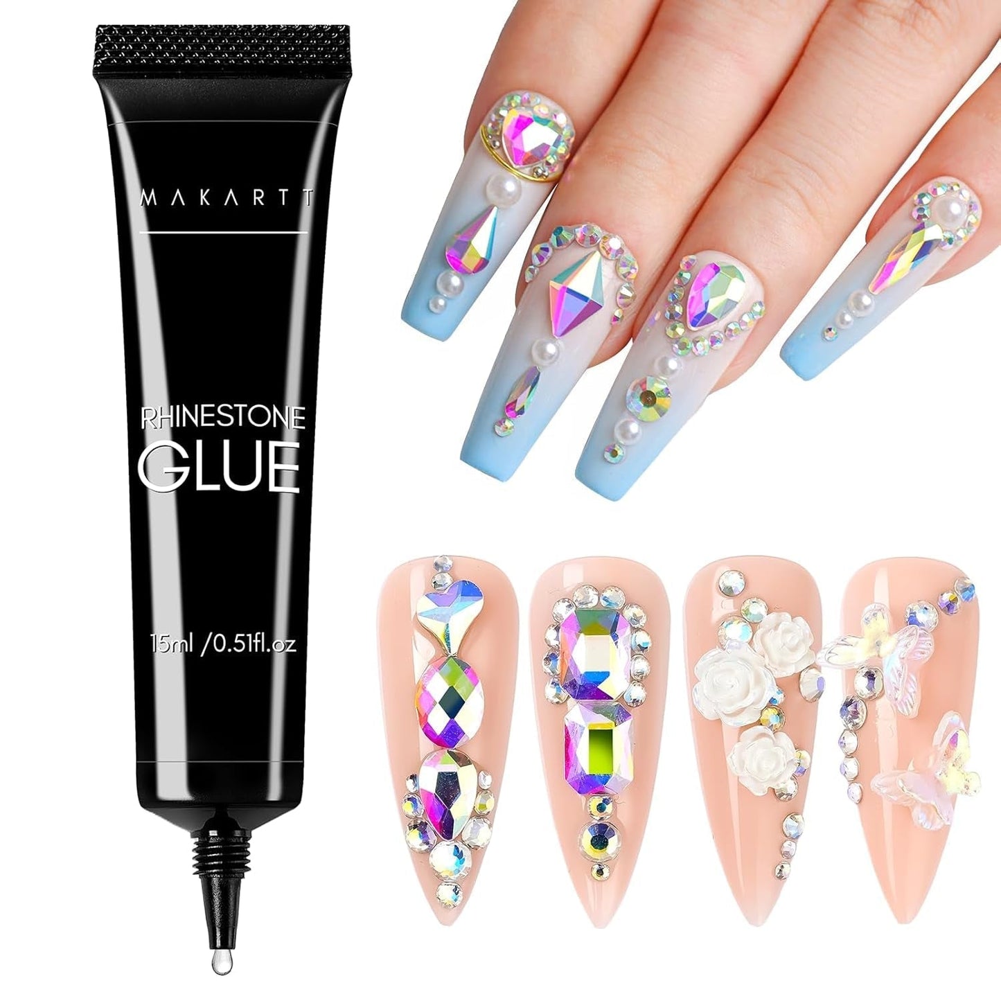 Makartt Gel Adhesivo de Diamantes de Imitación - Juego de Pegamento de Uñas UV de 15 ml con Dijes de Uñas Rosas, Joyería de Uñas con Círculo de Corazón y Accesorios de Diseño de Uñas para Manicura en el Hogar, Regalo del Día de San Valentín