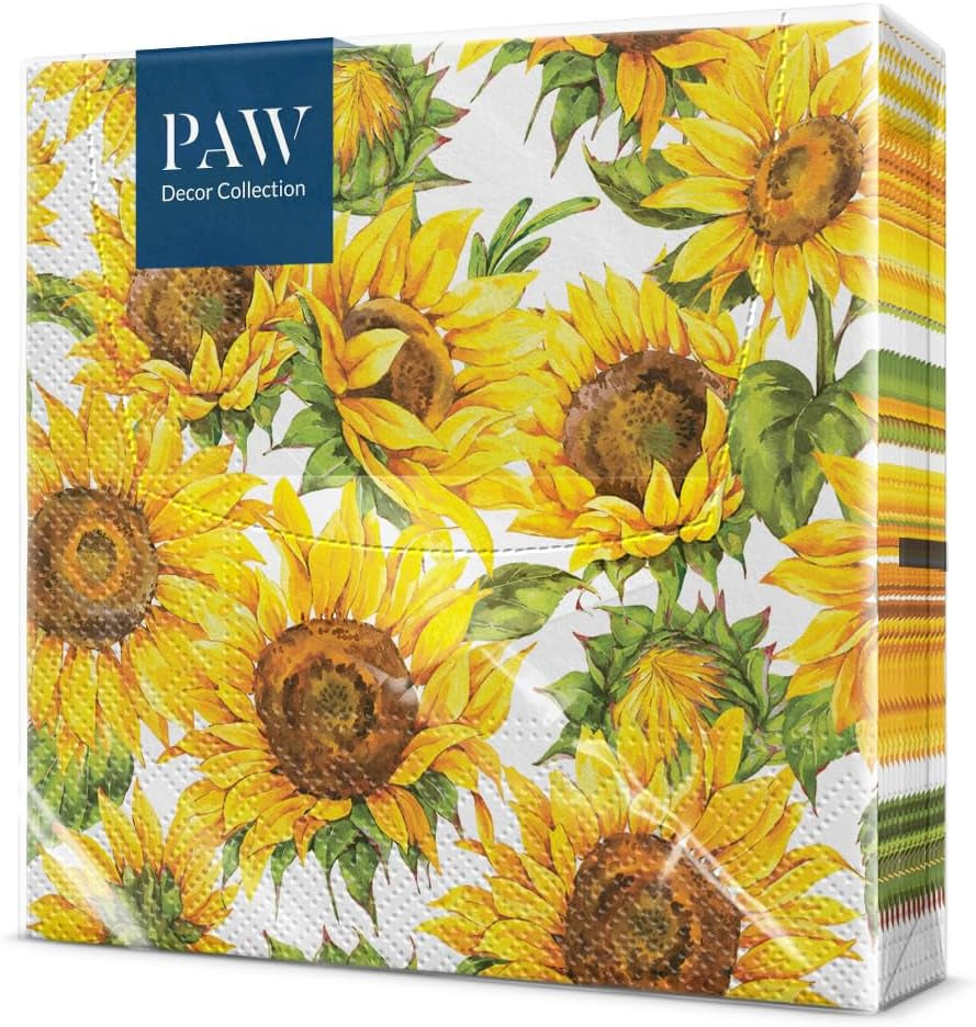 PAW - Servilletas de 3 capas (33 x 33 cm) I 20 piezas I Perfectas para cumpleaños, fiestas, fechas I Decoración de mesa de otoño I Servilletas de papel de colores - Pétalos amarillos de girasol I Girasol bailando