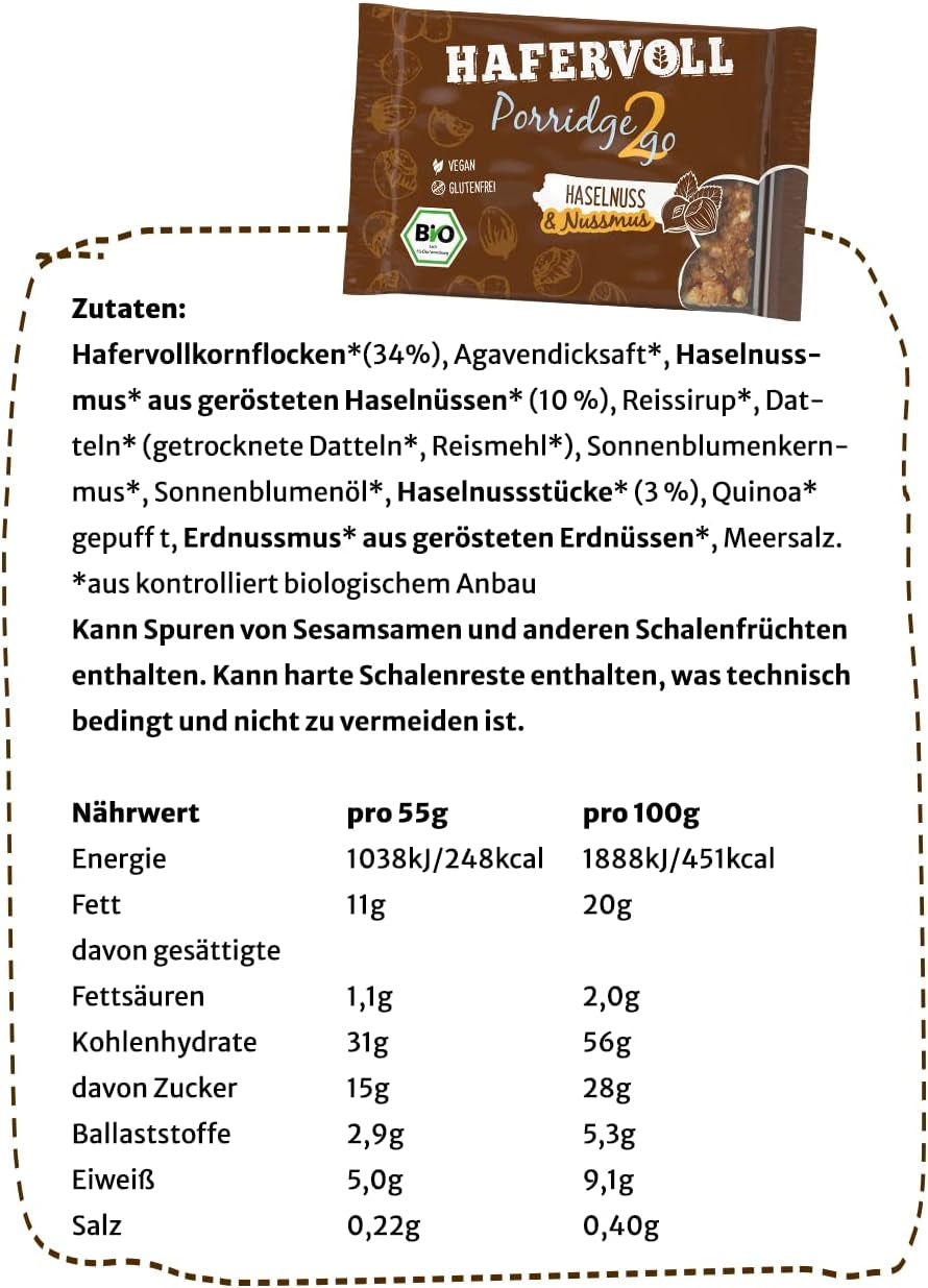 Hafervoll Porridge2go Mantequilla de maní y nueces, 13 barras x 55 g - Snack vegano, orgánico, sin gluten, sin azúcares añadidos, con avena, dátiles y caramelo de quinua