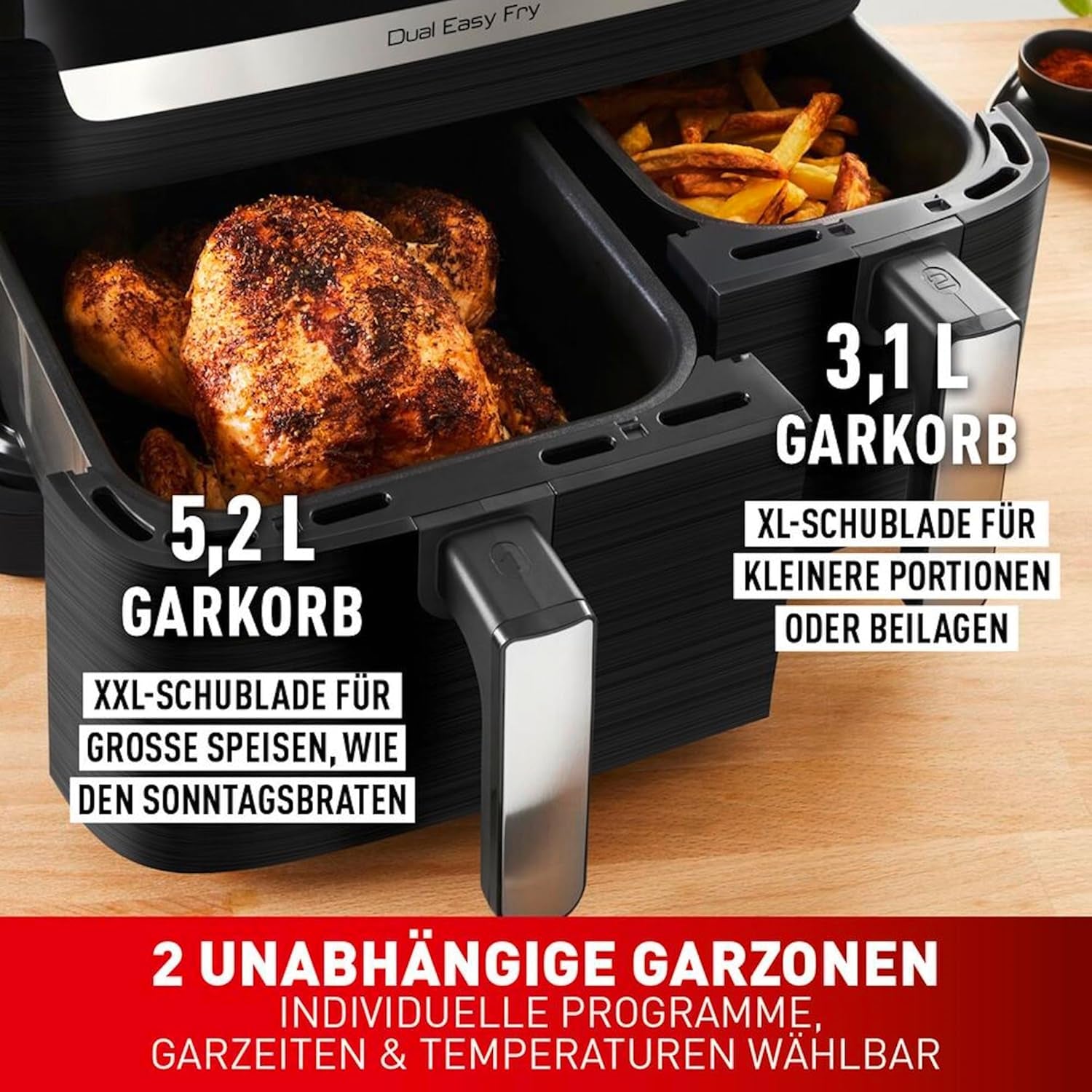 Freidora de Aire Caliente Tefal Dual Easy Fry con dos cámaras, capacidad 5,2/3,1 litros, dos cajones independientes, 7 programas Electrodomésticos Naty Shop