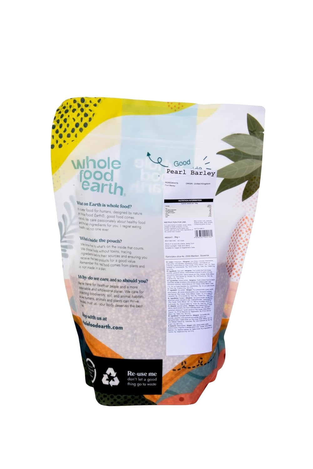 Cebada perlada Wholefood Earth - sin OGM - vegana - sin lácteos - sin azúcares añadidos, 2 kg