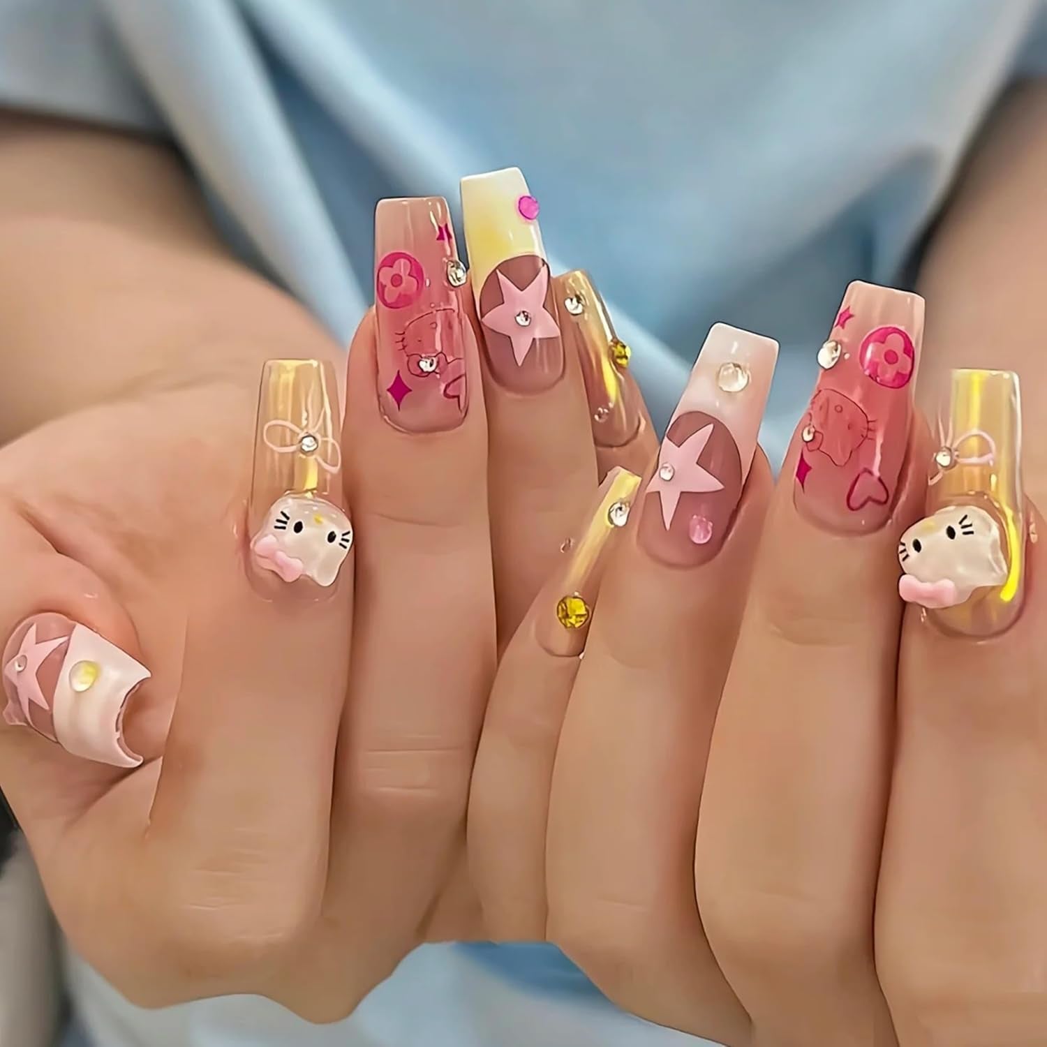 Pegatinas 3D para uñas de gato, purpurina para uñas, lentejuelas, pegatinas de resina para uñas, gemas para uñas, diamantes para decoración de uñas, incluida barra de cera para uñas con diamantes de imitación (gato colorido)