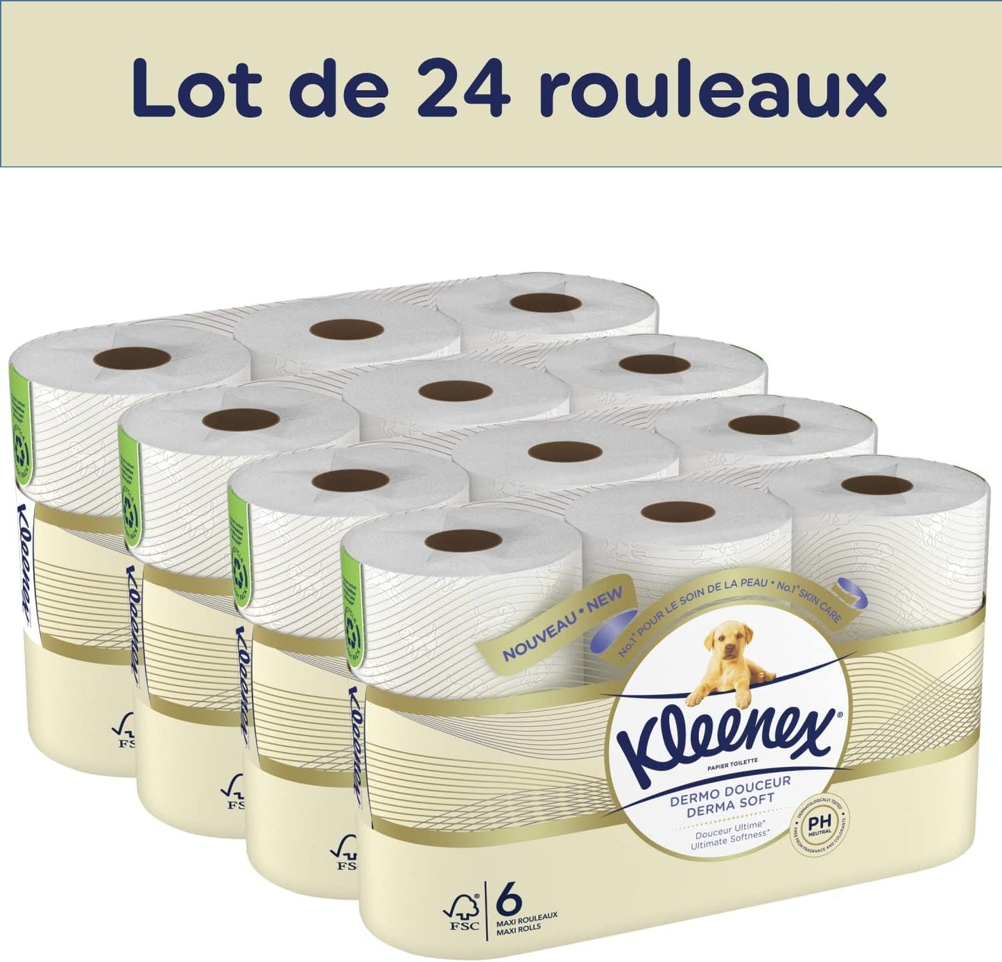 KLEENEX Dermo Douceur 4230420 Papel higiénico, 24 rollos (4 X 6 rollos) blanco, 24 Unité (Lote de 6)