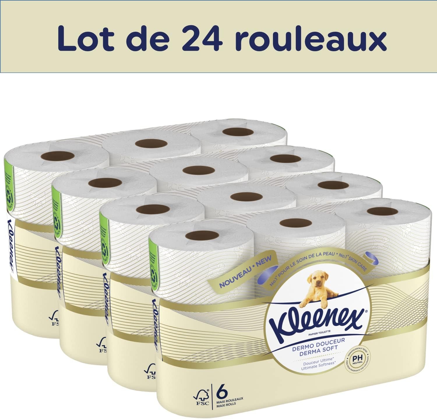 KLEENEX Dermo Douceur 4230420 Papel higiénico, 24 rollos (4 X 6 rollos) blanco, 24 Unité (Lote de 6)