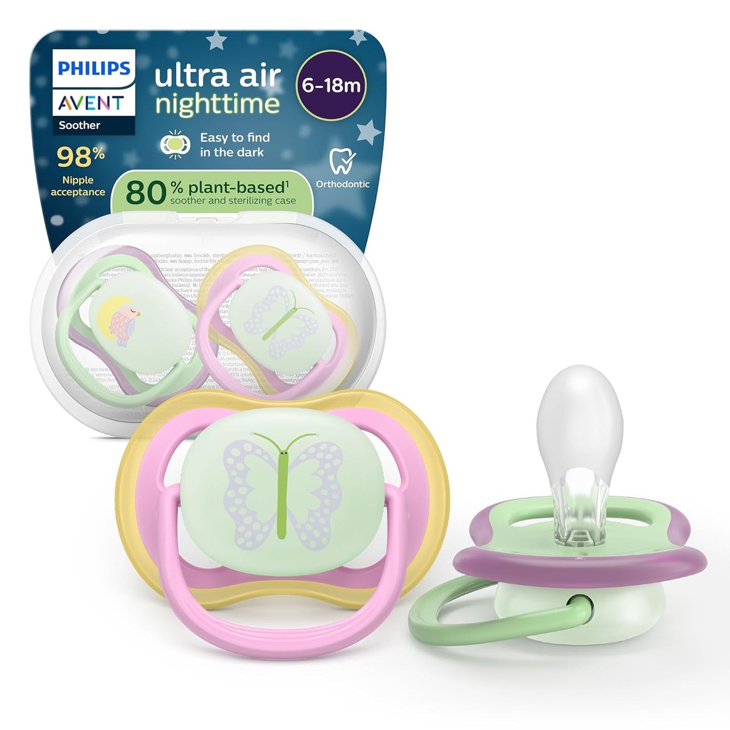 Chupetes Philips AVENT ultra air - pack de 4 chupetes transpirables sin BPA para bebés de 6 a 18 meses, incluido estuche de transporte y esterilización, patrón tortuga/ballena (modelo SCF085/66)