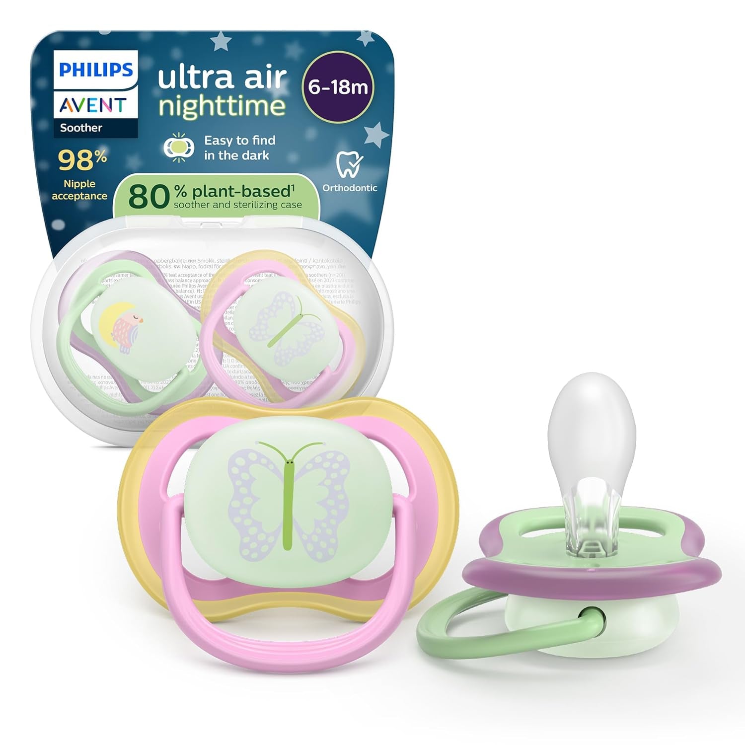 Chupetes Philips AVENT ultra air - pack de 4 chupetes transpirables sin BPA para bebés de 6 a 18 meses, incluido estuche de transporte y esterilización, patrón tortuga/ballena (modelo SCF085/66)