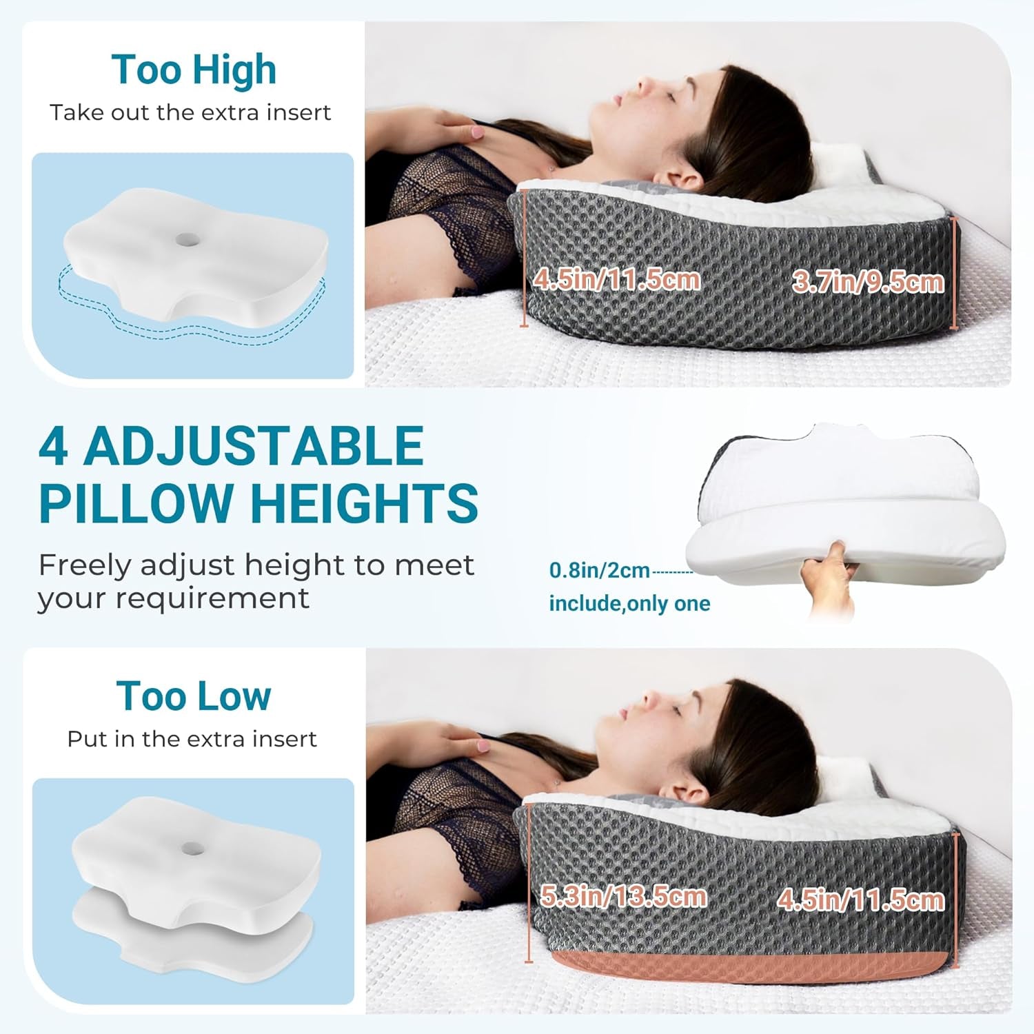 Elviros Almohada ortopédica de espuma viscoelástica Almohada para el dolor de cuello Almohada para dormir Almohada cervical ergonómica Almohada de apoyo para el cuello Almohada antirronquidos para personas que duermen de lado boca abajo Almohadas ortopédicas cervicales blancas Naty Shop