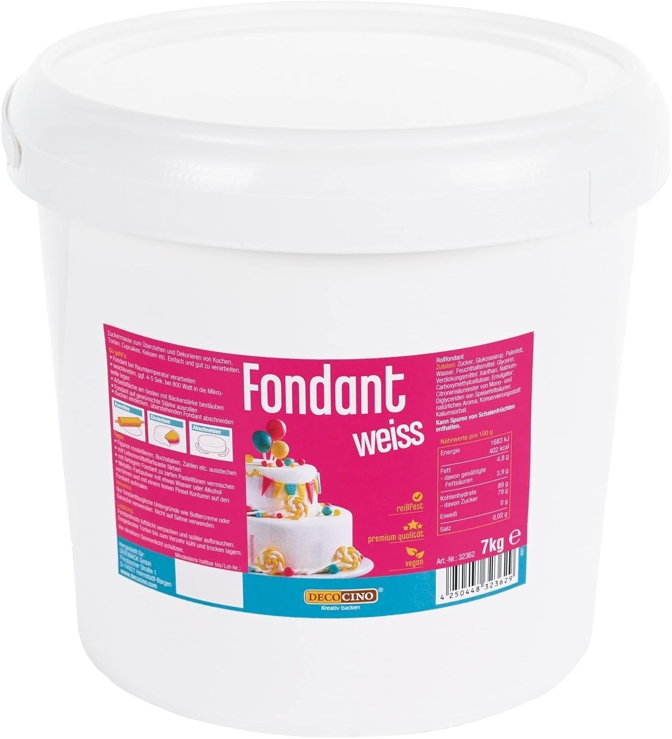 DECOCINO fondant blanco - paquete económico de 7 kilogramos - ideal para decorar tartas, tartas, cake pops - vegano y sin lactosa Naty Shop Pasta de Azúcar 7 Kg
