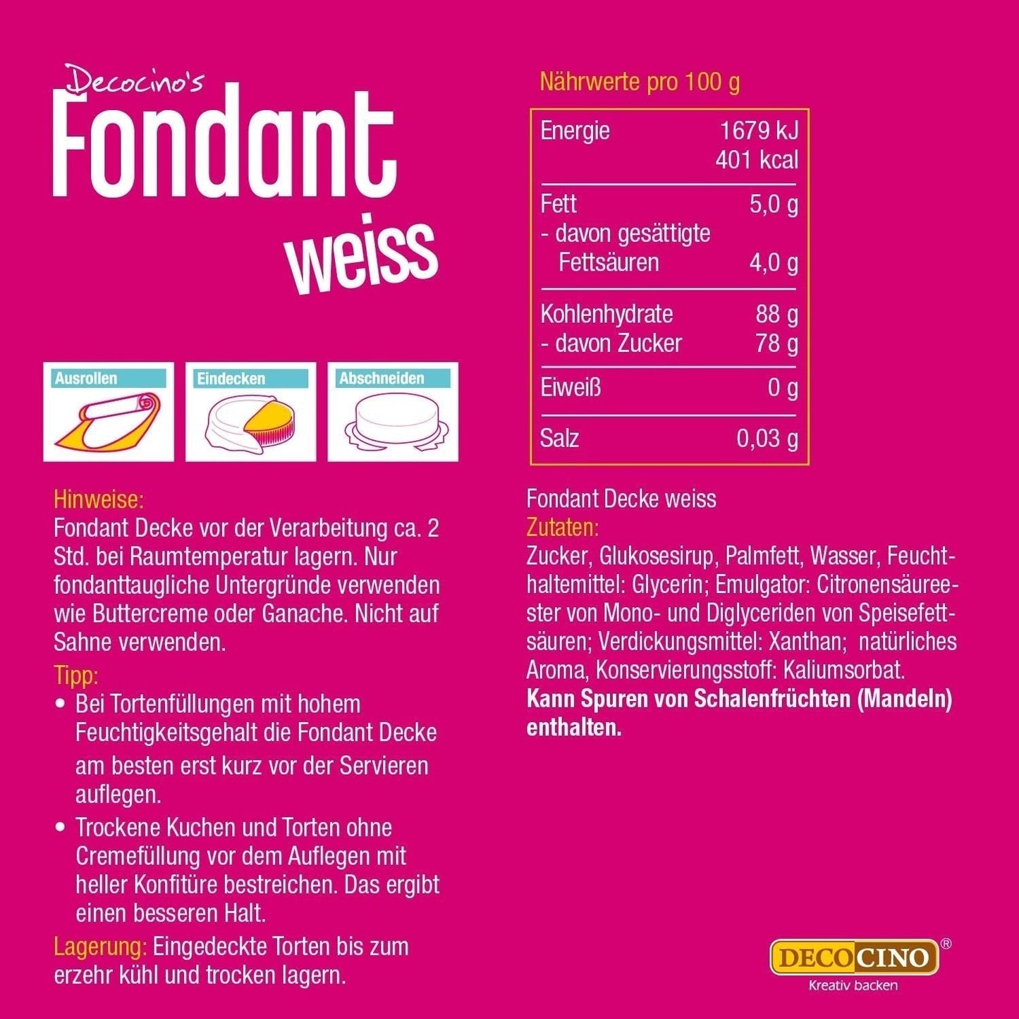 Manta de fondant enrollada blanca DECOCINO - 300g - manta de fondant lista para usar para cubrir y decorar tartas y cupcakes - sin gluten y vegana (pack de 2) Naty Shop Sugarpaste