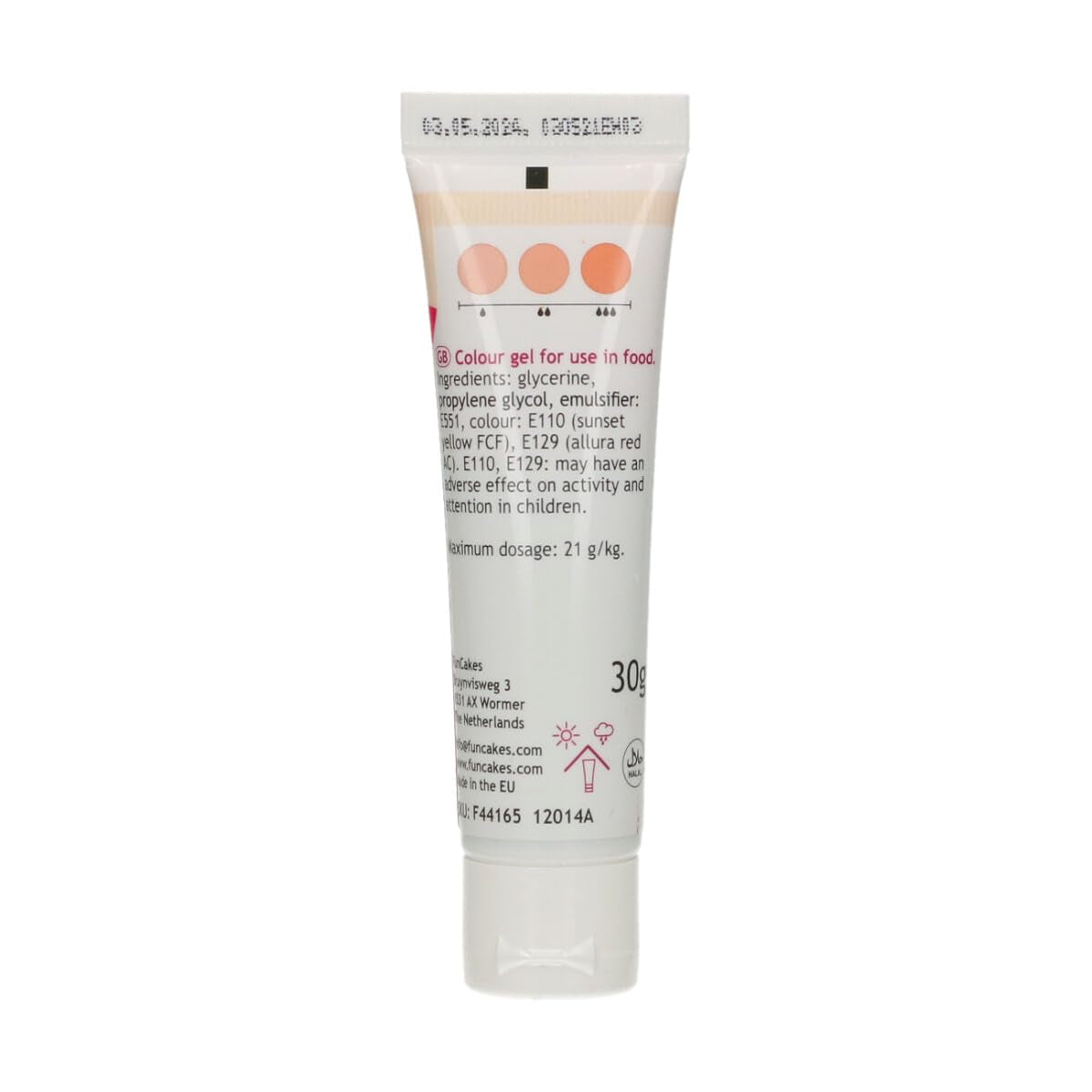 Colorante alimentario Funcakes Melocotón Gel: Colorante alimentario altamente concentrado para masas, natas, fondant y mazapanes. Fácil dosificación. Una sola gota para crear colores vibrantes. Halal. 30 gramos.