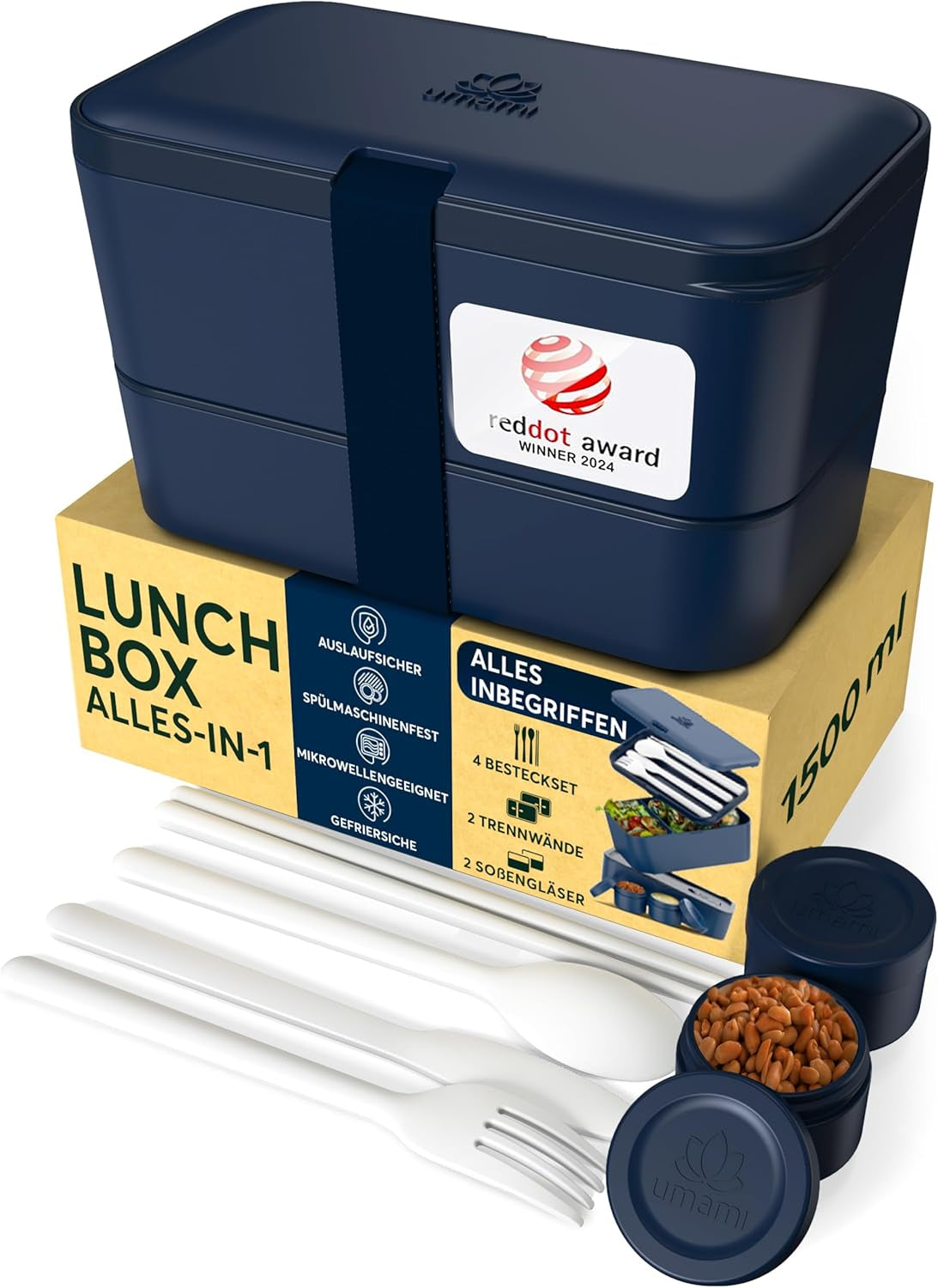 Umami Fiambrera para Adultos, Fiambrera Bento Apilable a Prueba de Fugas con 4 Cubiertos y Compartimentos, Fiambrera para Adultos, Recipiente para Ensalada para Llevar, Fiambrera para Picnic/Oficina, Gris Carbón, 1500ml