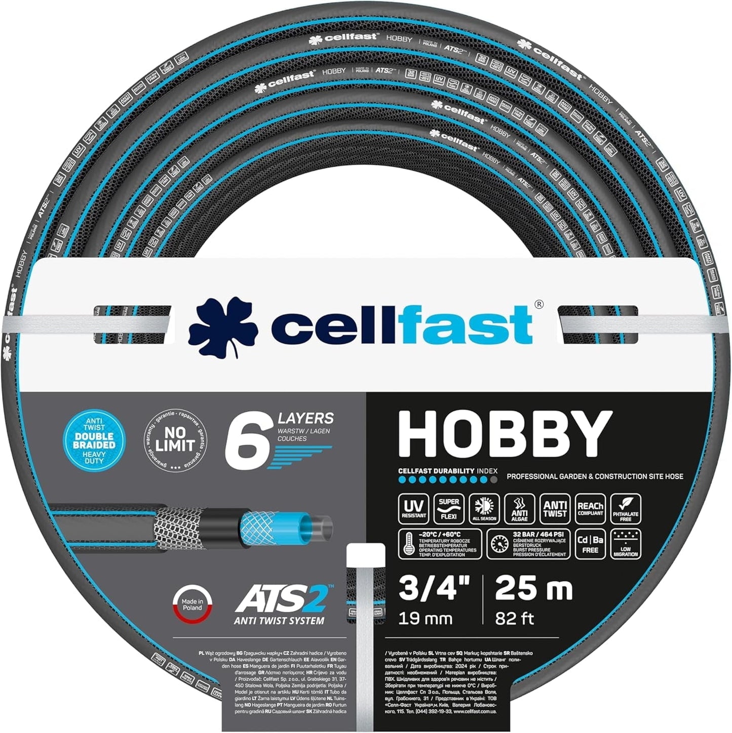 CELLFAST Manguera de jardín Manguera de agua de 6 capas Manguera de riego de tela trenzada doble Manguera flexible antialgas resistente a los rayos UV 32 bar 1 pulgada 25 metros Hobby