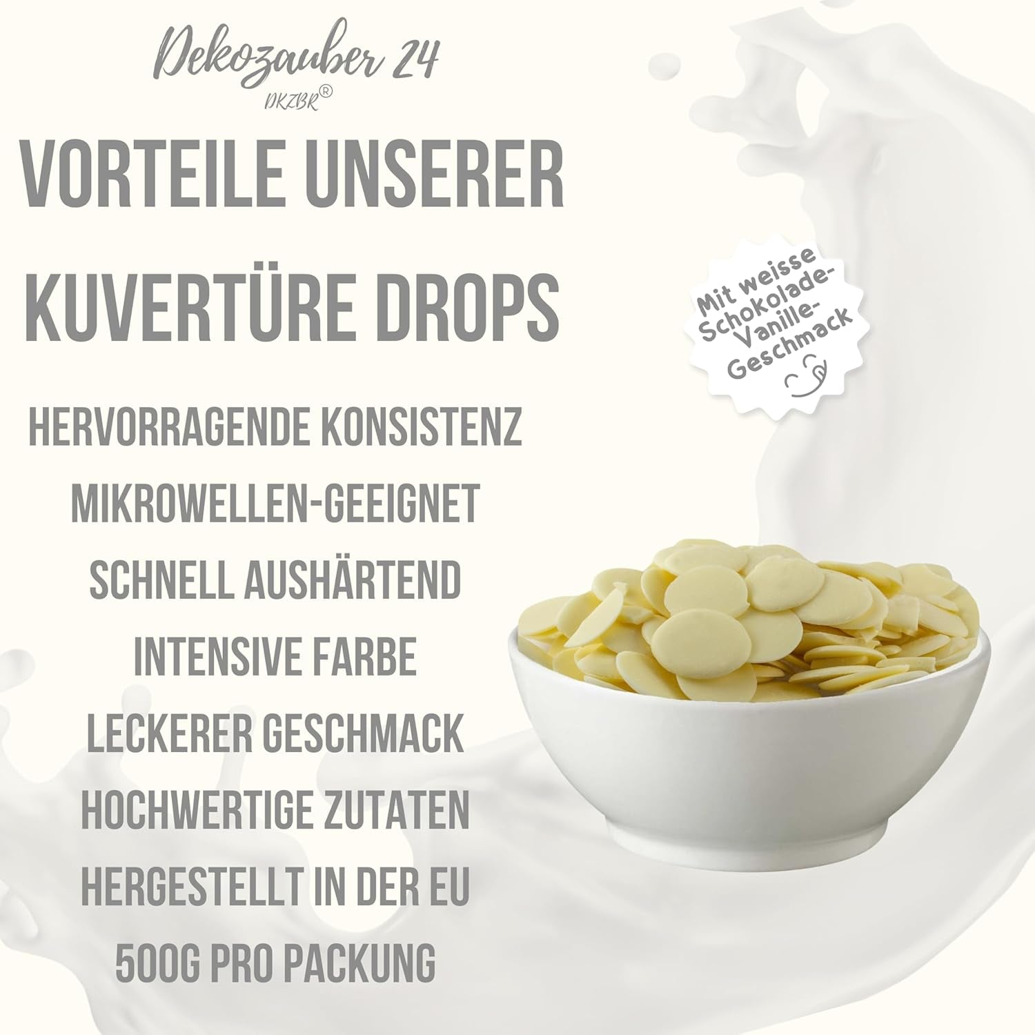 Dekozauber24 gotas de cobertura, blanca, 500g, con sabor a chocolate blanco y vainilla, chips Deco Melts, aptas para microondas, para cake pops, tartas, tartaletas, goteo o glaseado Naty Shop Sugarpaste