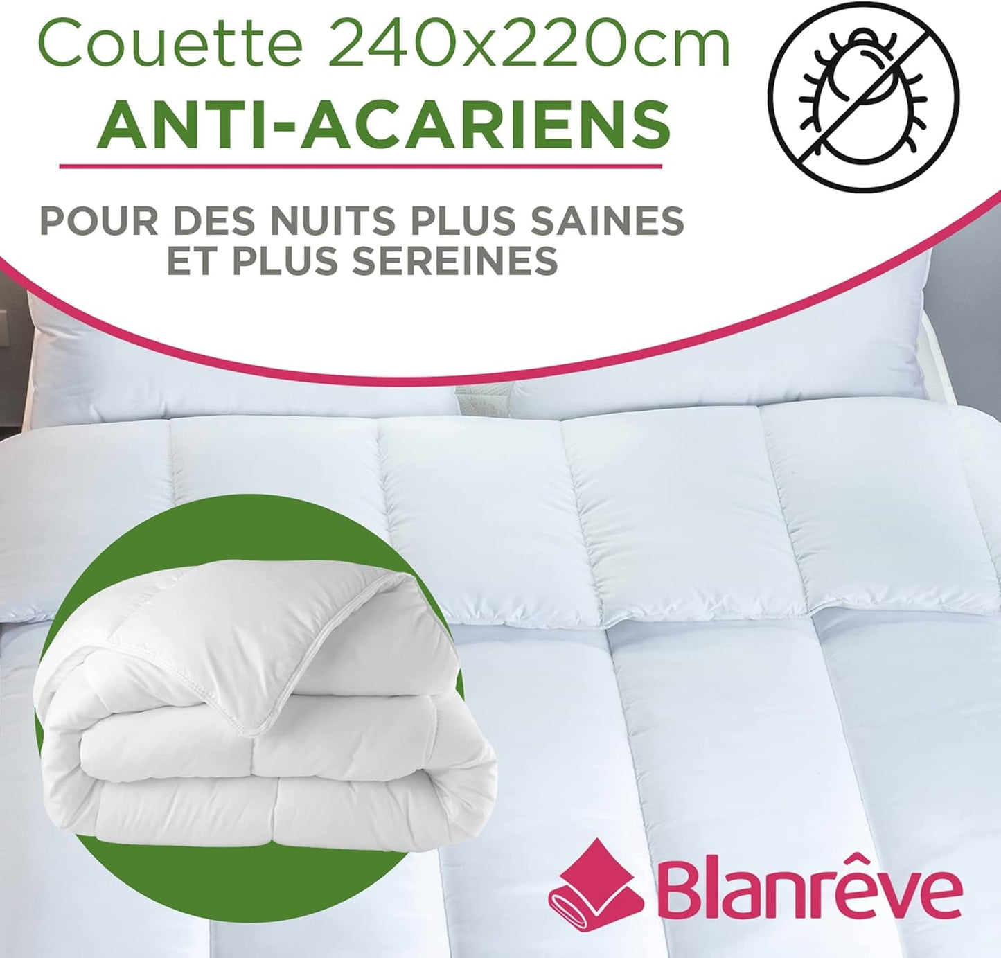 Edredón Serenité - Tratamiento antiácaros - Templado 300 G/M² - 240 X 220 Cm - Para cama de matrimonio - Lavable a máquina, blanco Edredones y edredones Naty Shop