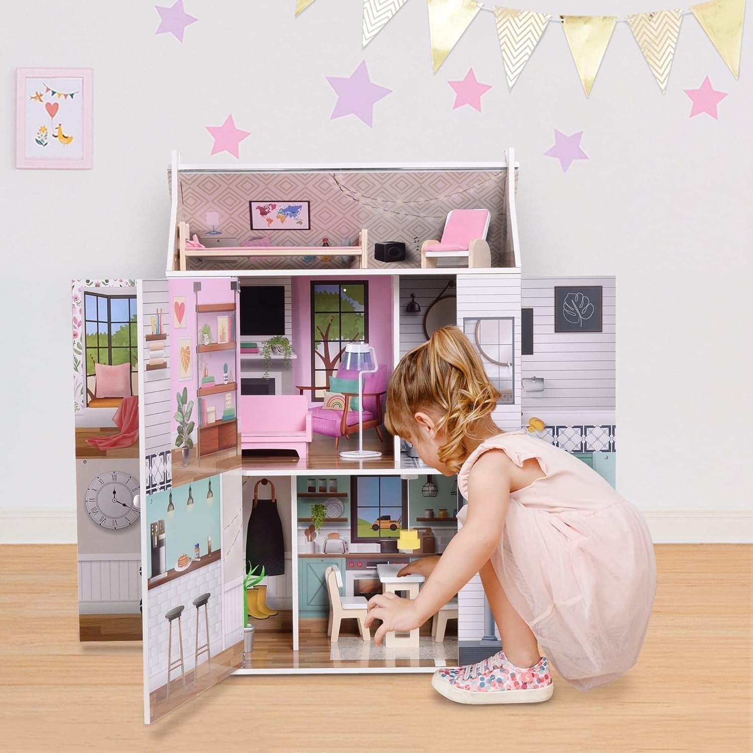 Olivia'S Little World Dreamland Farmhouse Casa de Muñecas Interactiva de Madera para Niños 3 Pisos con 13 Accesorios para Muebles para Muñecas Blanco TD-13632A Casas de Muñecas Naty Shop