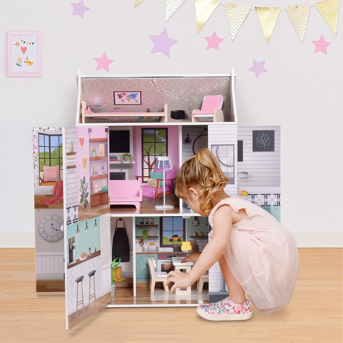 Olivia's Little World Dreamland Casa de muñecas interactiva de madera de 3 niveles con 13 accesorios para muebles de muñecas Blanco TD-13632A