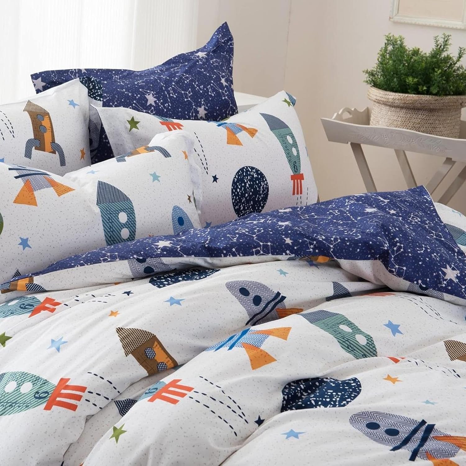 Ropa de cama infantil, cohetes y planetas, diseño reversible, algodón Ropa de cama - infantil Naty Shop