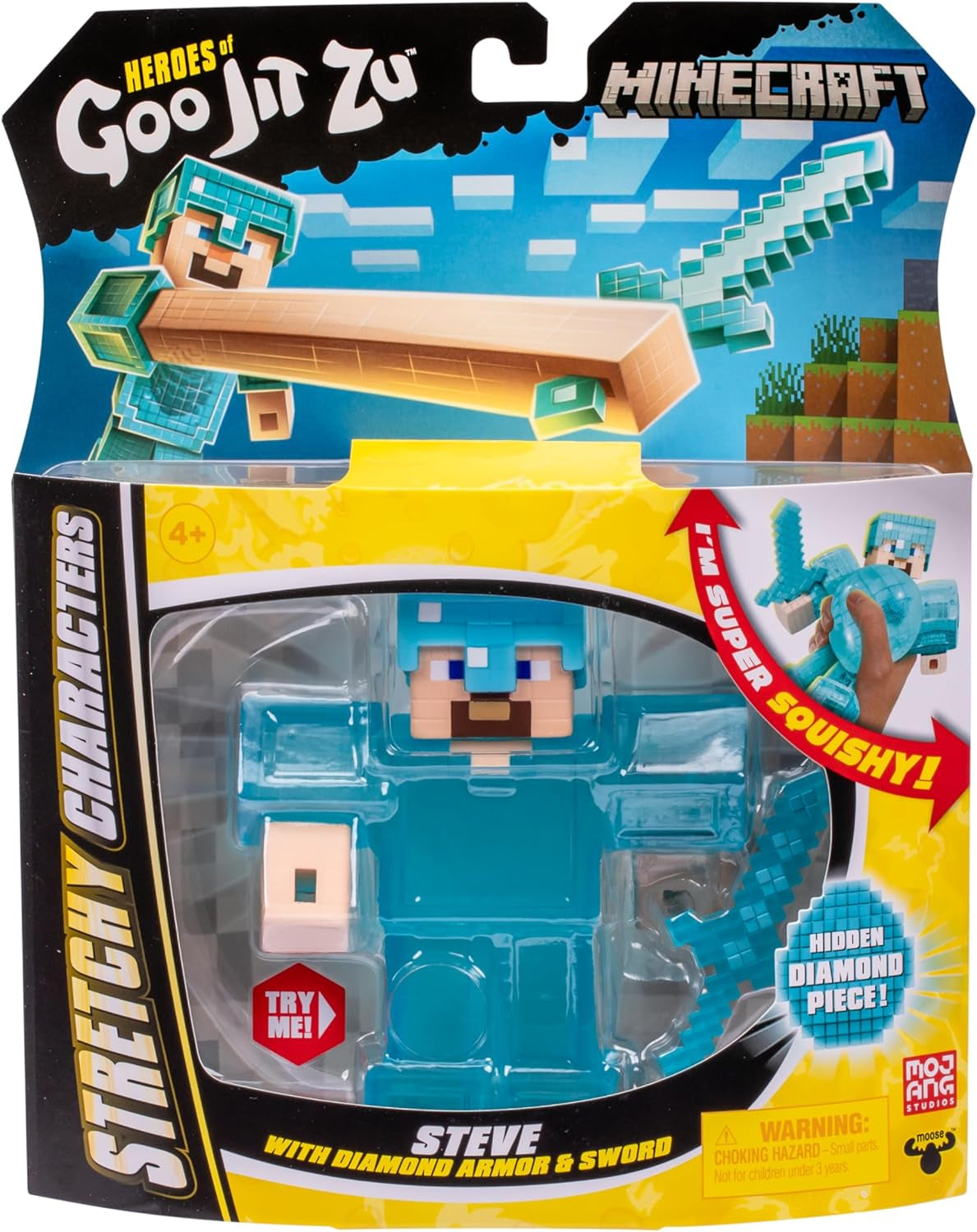 Heroes of Goo Jit Zu - Figura expandible de Minecraft - Steve con armadura y espada de diamantes, relleno pegajoso súper elástico con elemento de diamante oculto en el interior, se expande a figuras de acción de 3 tamaños Naty Shop