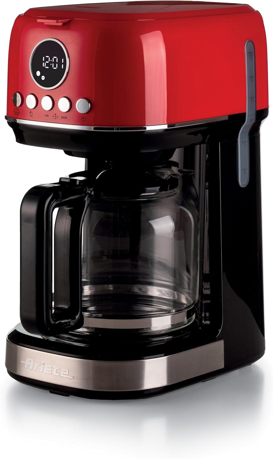 Ariete Moderna 1396 Cafetera espresso con filtro para preparar café americano hasta 15 tazas Jarra de cristal Placa calefactora Pantalla LCD Filtros extraíbles y lavables Blanco