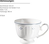 Mäser Lova Series Servicio de café de porcelana de 18 piezas: 6 platos de postre (19,5 cm), 6 tazas (19 cl) y 6 platillos (15,5 cm), azul