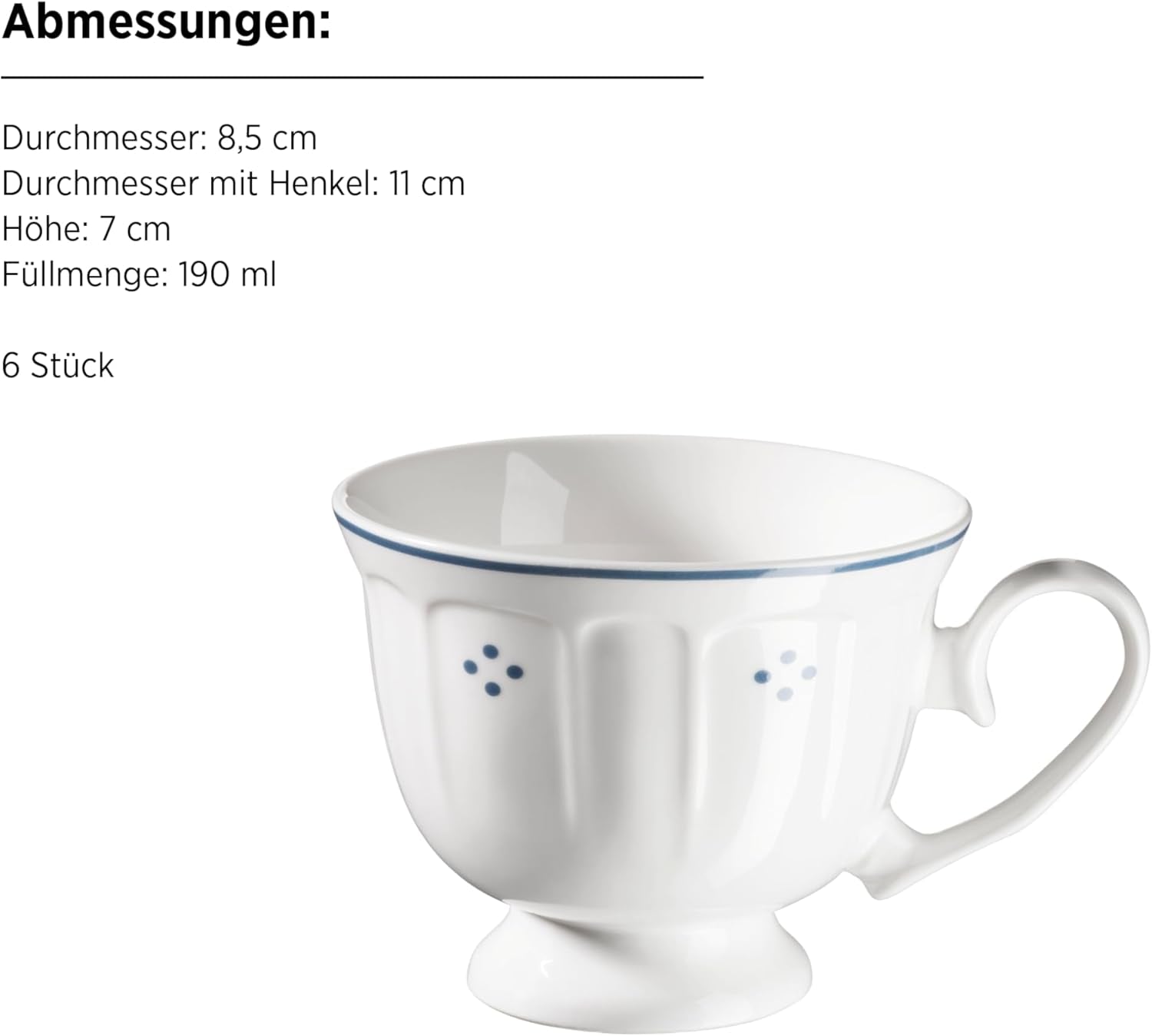 Mäser Lova Series Servicio de café de porcelana de 18 piezas: 6 platos de postre (19,5 cm), 6 tazas (19 cl) y 6 platillos (15,5 cm), azul