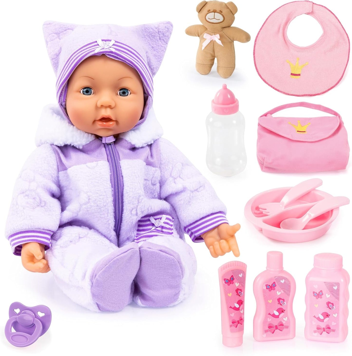Bayer Design 94694AG 94694AA, Muñeca Funcional, Muñeca Interactiva Piccolina Magic Eyes, Mueve la Boca, Parpadea y Cierra los Ojos, Habla, Morado, 46cm
