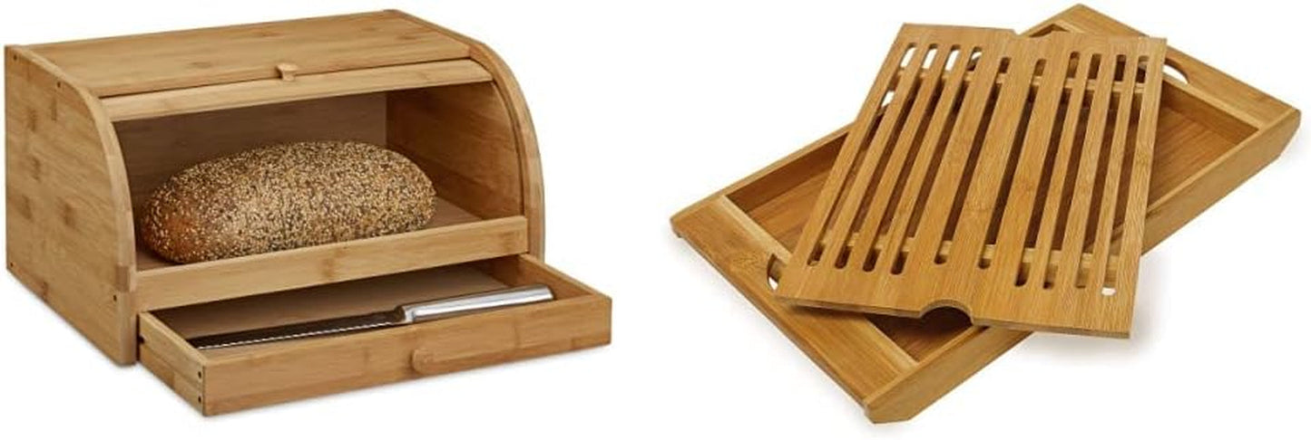 Relaxdays Panera con ruedas y cajón, bambú, Al x An x P: 21 x 40,5 x 28 cm, madera natural y tabla de cortar de bambú, aprox. Naty Shop Paquete de Tablas para Cortar Pan 3 x 37 x 21,5 cm Tabla de Cortar con Bandeja recogemigas para una fácil Limpieza Cajas de Almacenamiento de Alimentos Naturales 3 x 37 x 21,5 cm