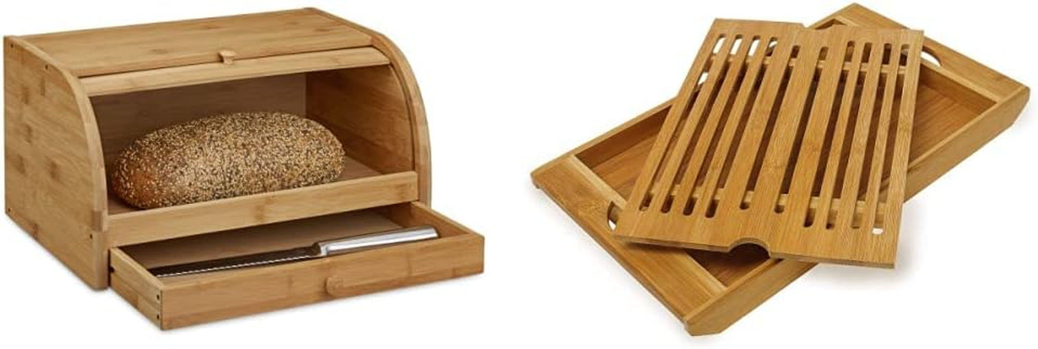 Relaxdays Panera con ruedas y cajón, bambú, Al x An x P: 21 x 40,5 x 28 cm, madera natural y tabla de cortar de bambú, aprox. Naty Shop Paquete de Tablas para Cortar Pan 3 x 37 x 21,5 cm Tabla de Cortar con Bandeja recogemigas para una fácil Limpieza Cajas de Almacenamiento de Alimentos Naturales 3 x 37 x 21,5 cm
