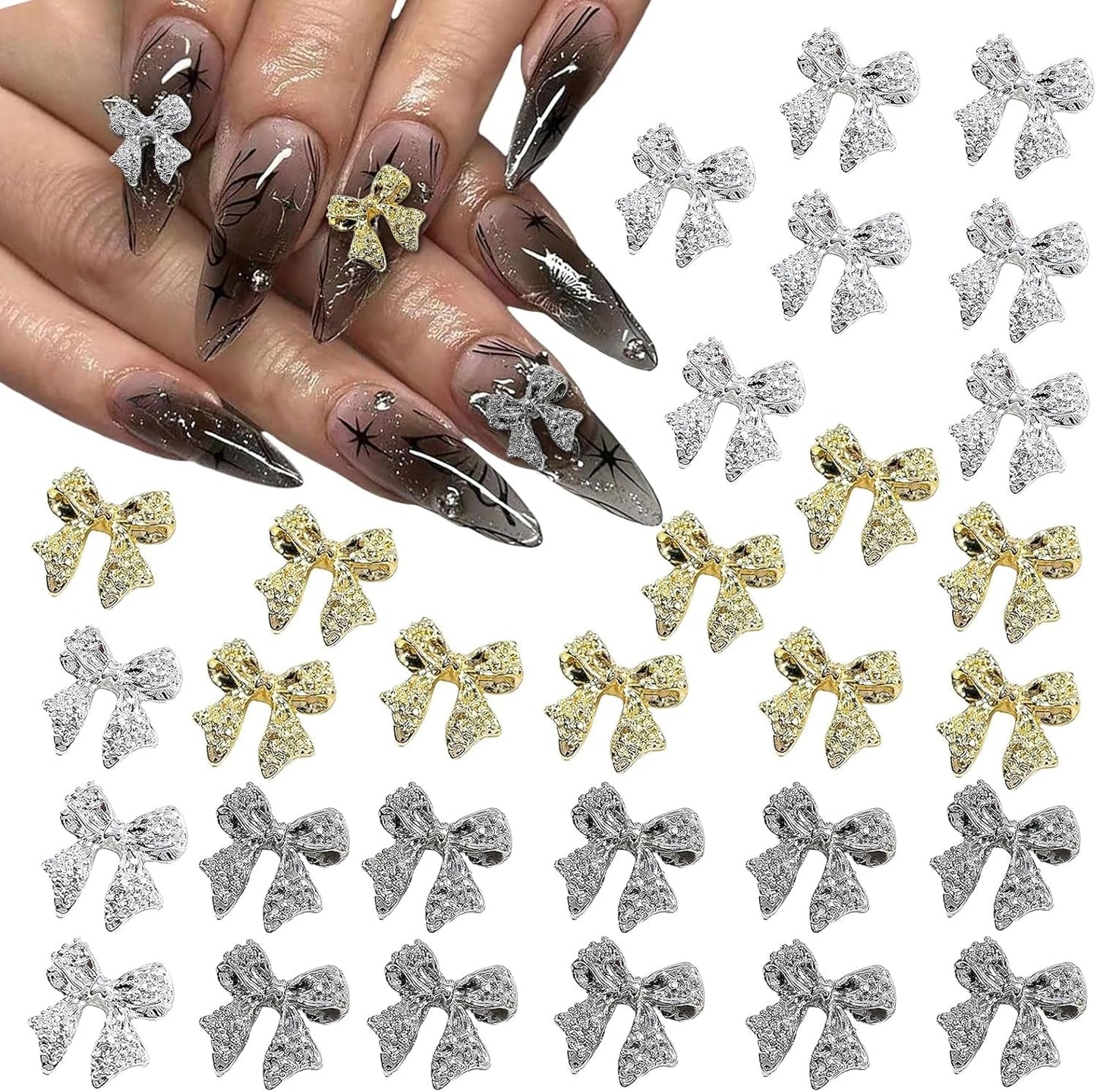 30 lazos de metal para uñas, lazos dorados, plateados y grises, accesorios para uñas, decoraciones de uñas para mujeres y niñas, diseño de uñas