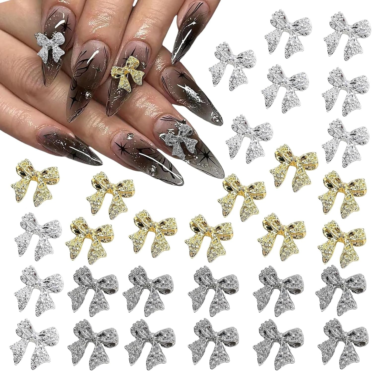 30 lazos de metal para uñas, lazos dorados, plateados y grises, accesorios para uñas, decoraciones de uñas para mujeres y niñas, diseño de uñas