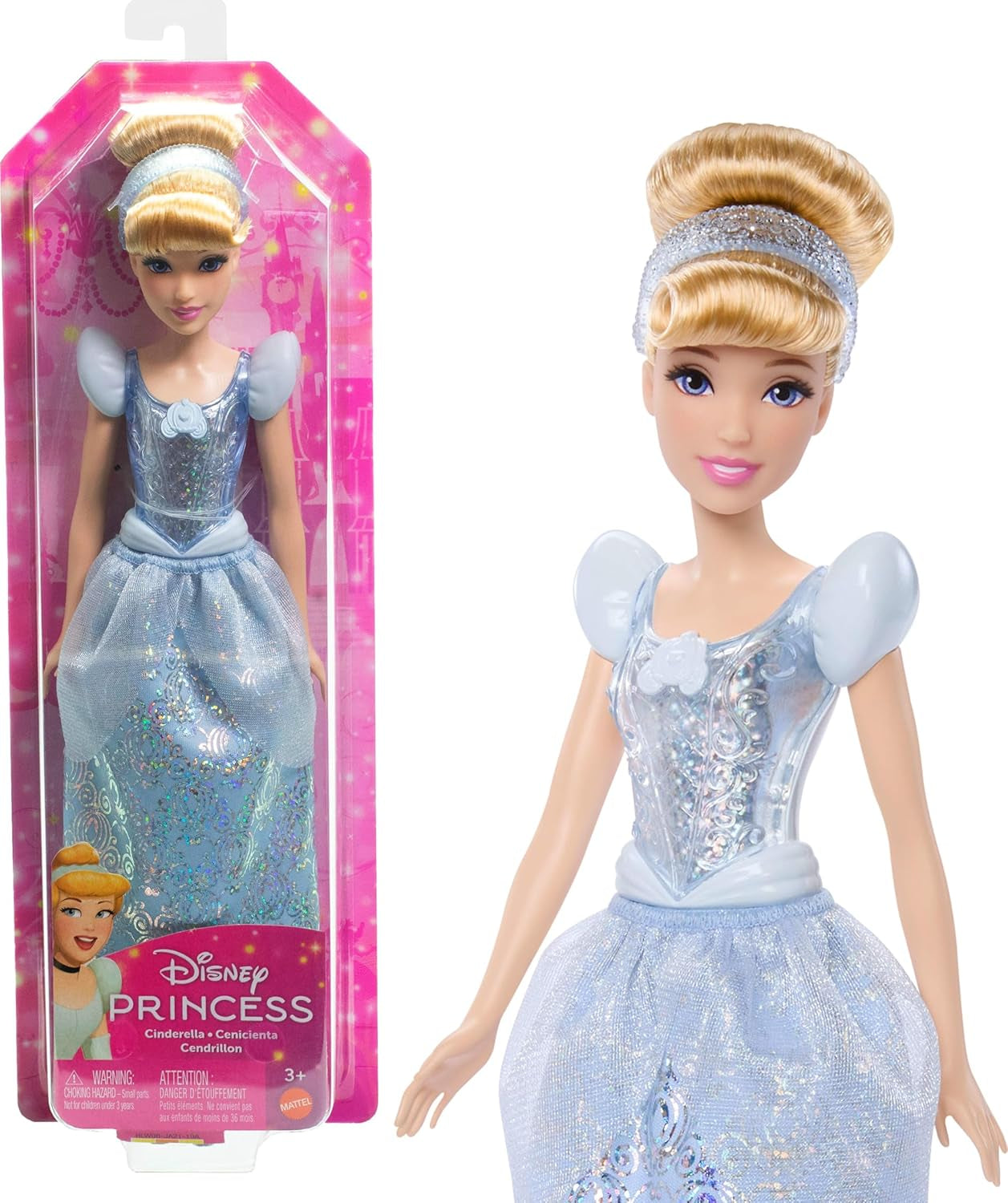 Mattel DISNEY Princess Cenicienta - Muñeca articulada con atuendo brillante, zapatos y tiara desmontables, cabello peinado para divertirse, para niños a partir de 3 años, HLW06