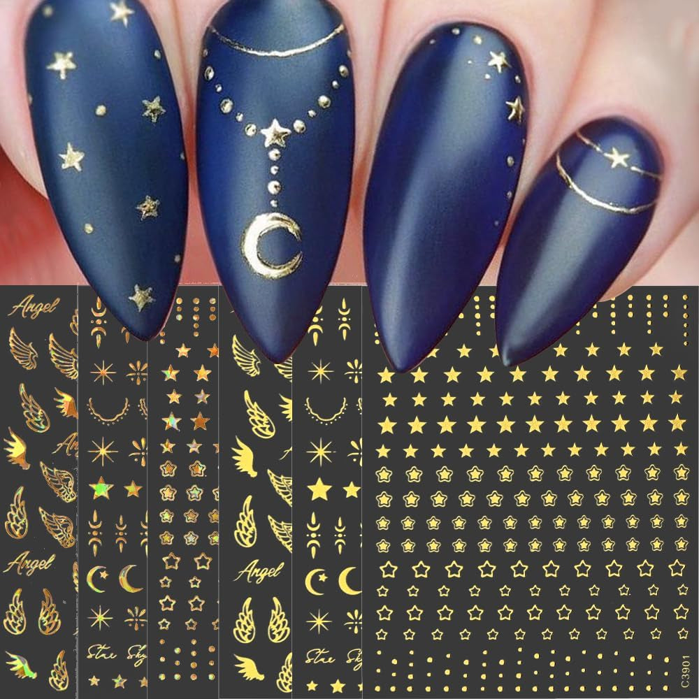 Hojas de pegatinas para uñas de estrella y luna doradas, alas de ángel, pegatinas para uñas de color dorado tostado, estrellas, láminas para uñas, pegatinas para uñas, accesorios de diseño de uñas, pegatinas para uñas