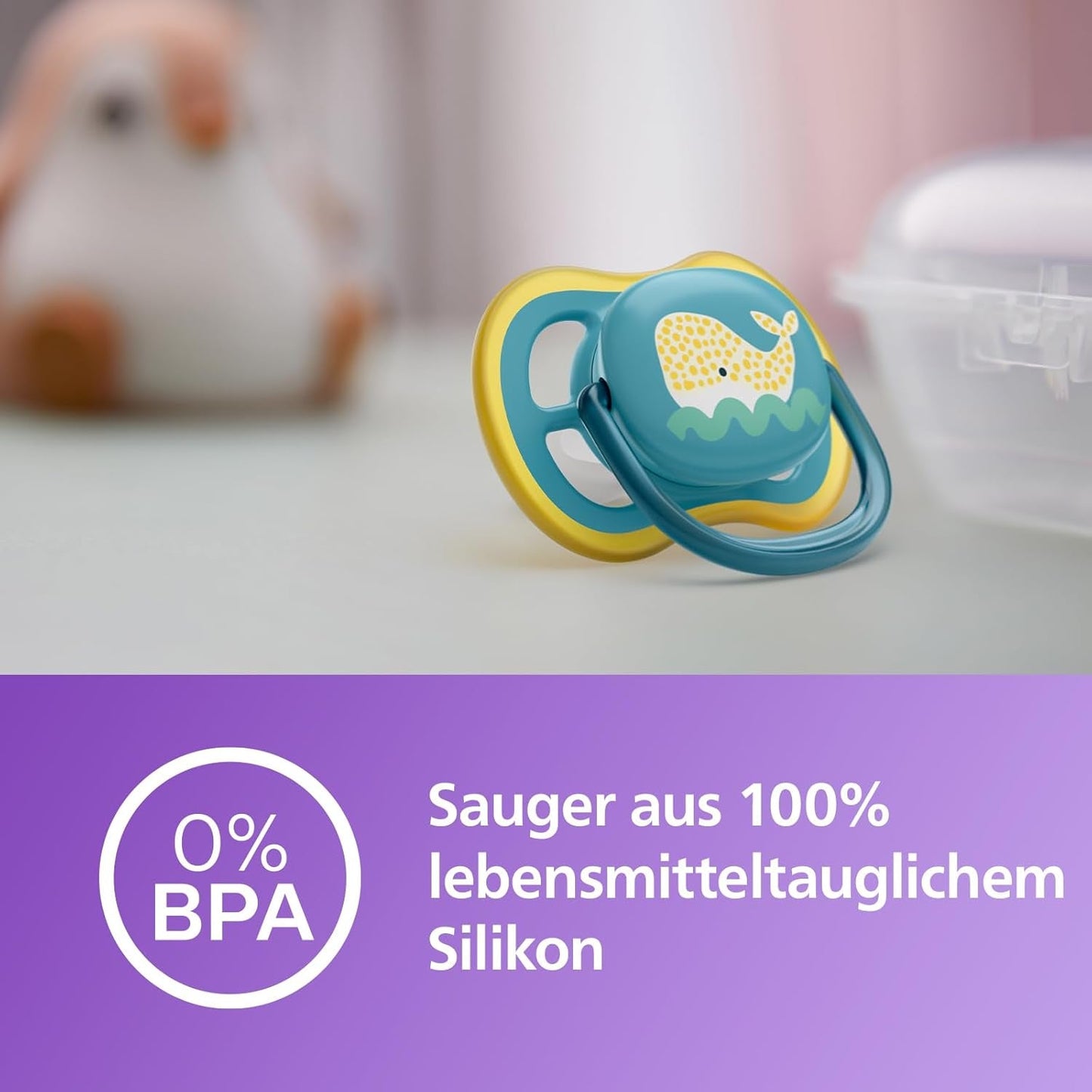 Chupete Philips Avent Ultra Air - juego de 2 chupetes transpirables sin BPA para bebés a partir de 18 meses, incluido estuche de transporte y esterilización, Whale/Whale (Modelo SCF349/24)