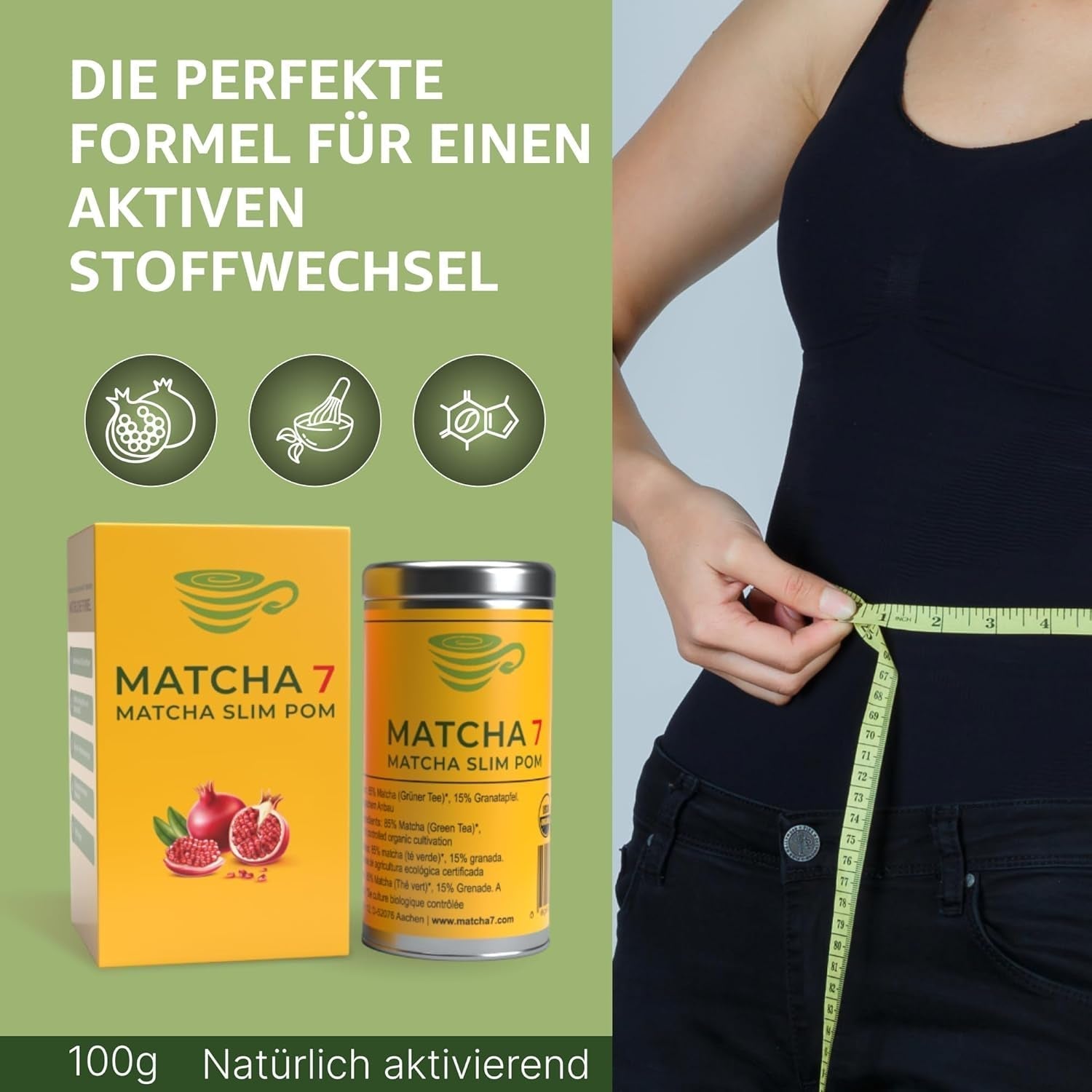 ® Ceremonial Matcha Powder X Pomegranate 100G [Apoya la pérdida de peso y el metabolismo] - Té verde para un estilo de vida activo y saludable - Té verde sin aditivos (puro y natural)