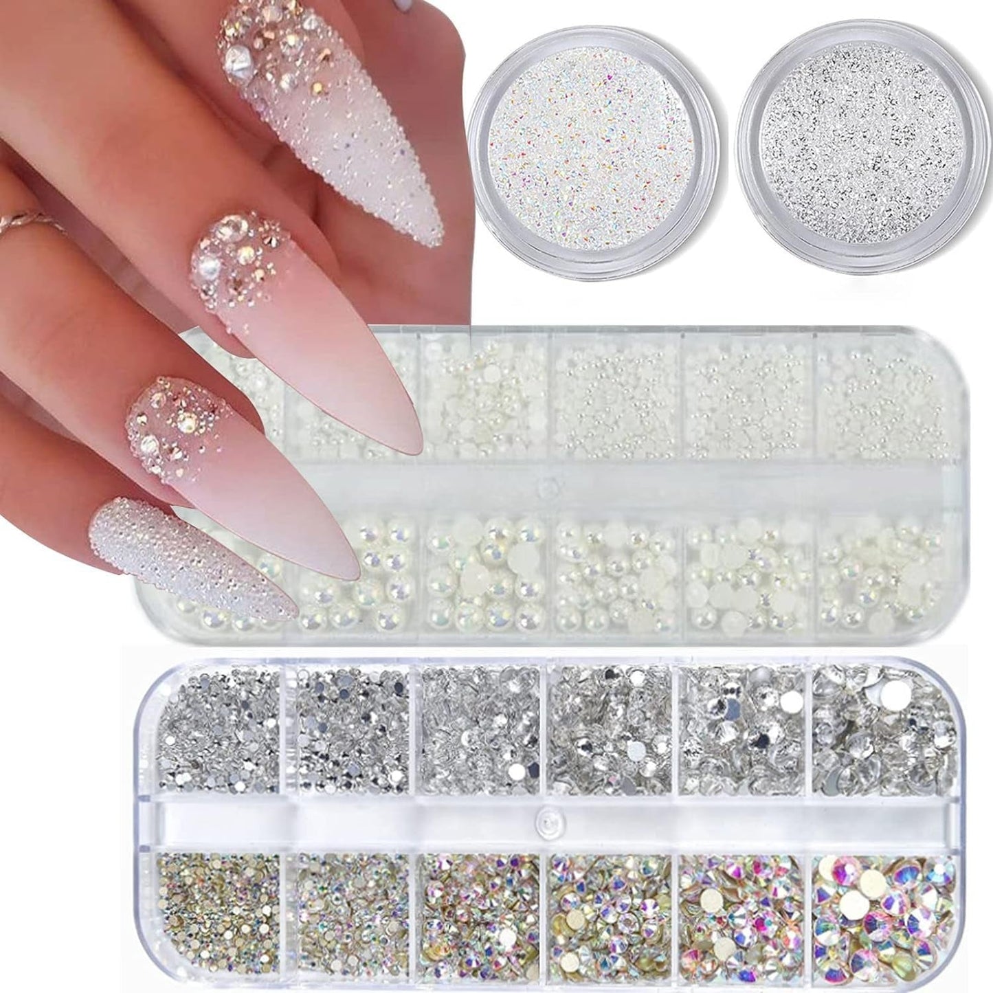 GZMAYUEN Nail Art Perlen Micro Caviar para uñas, 0,3-3 mm Goldene Silber Mini Caviar Strasssteine, Weiß Beige Mini Nägel Perlen Mikroperlen Dekor para uñas