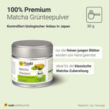 Raab Vitalfood® Premium Bio Matcha Powder (30g) - Original de Japón, matcha puro en polvo sin aditivos, finamente molido, sabor ligeramente amargo, té verde en polvo, vegano, ceremonia del té