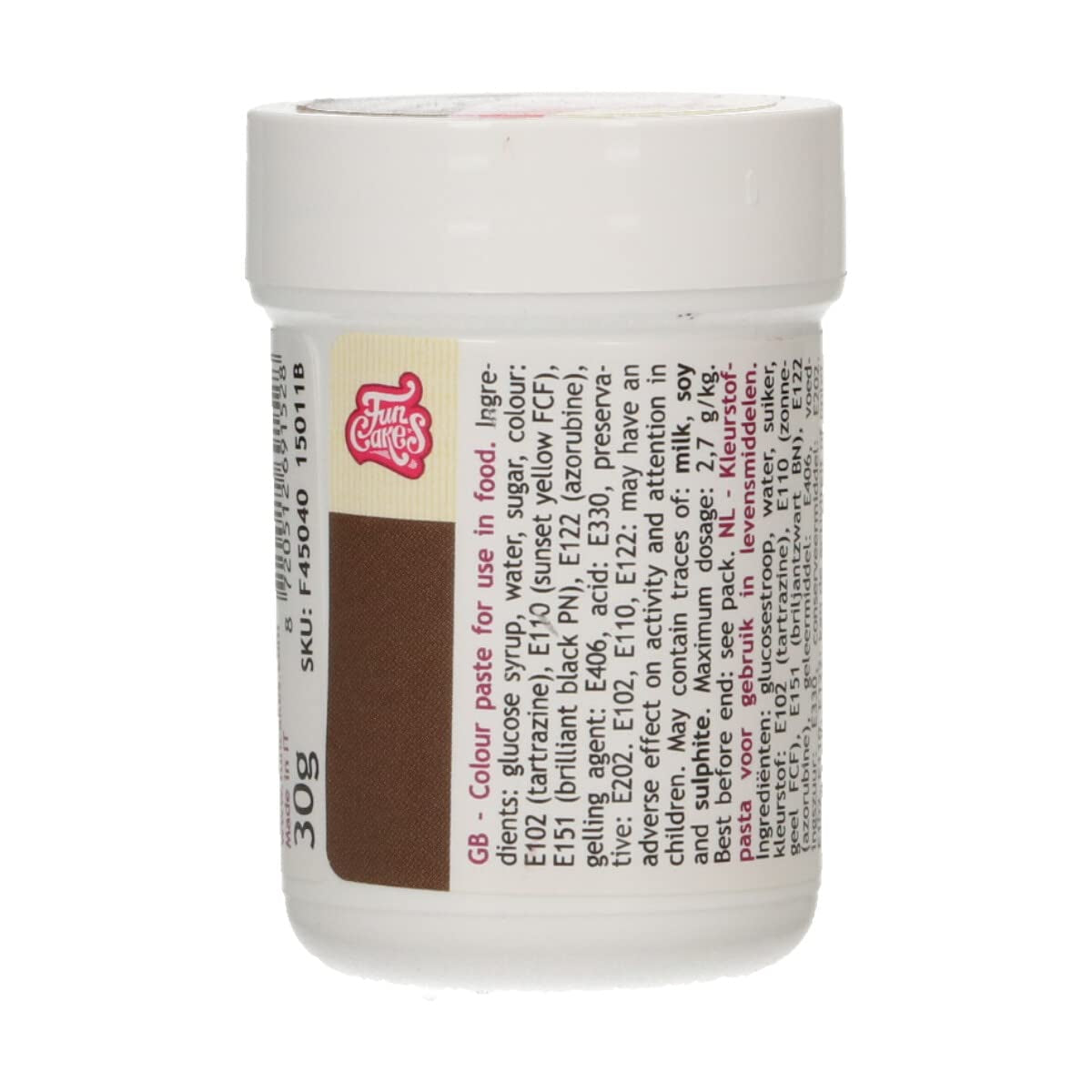 Colorante Alimentario Concentrado Funcakes Pasta Colorante Marrón Oscuro; Colorante alimentario concentrado para masas, natas, fondant, mazapanes, masas, pastas para modelar y pastas de flores. Halal y Kosher. 30 gramos