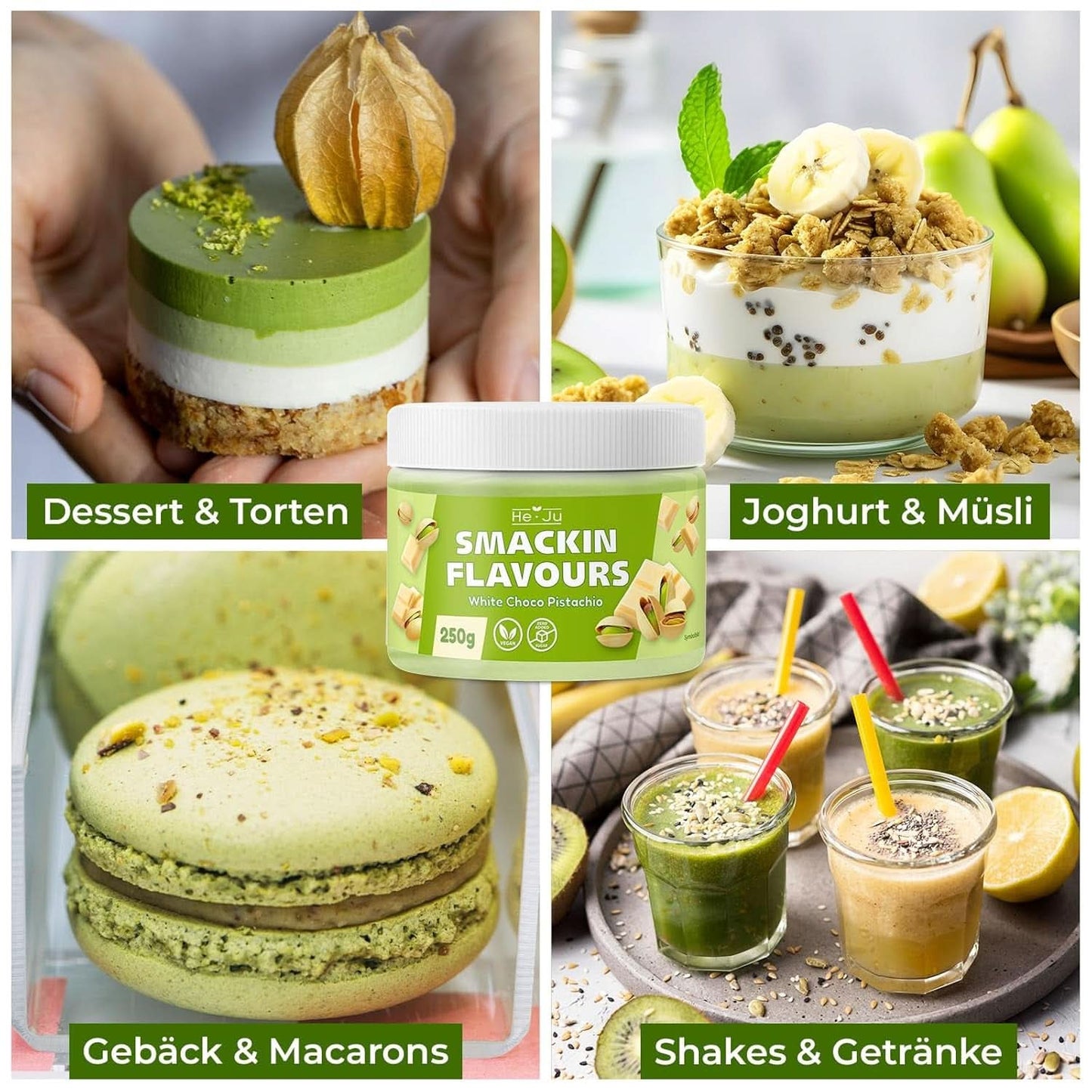 He-Ju, Polvo con sabor a chocolate blanco y pistacho, 250 gramos Naty Shop Sabores