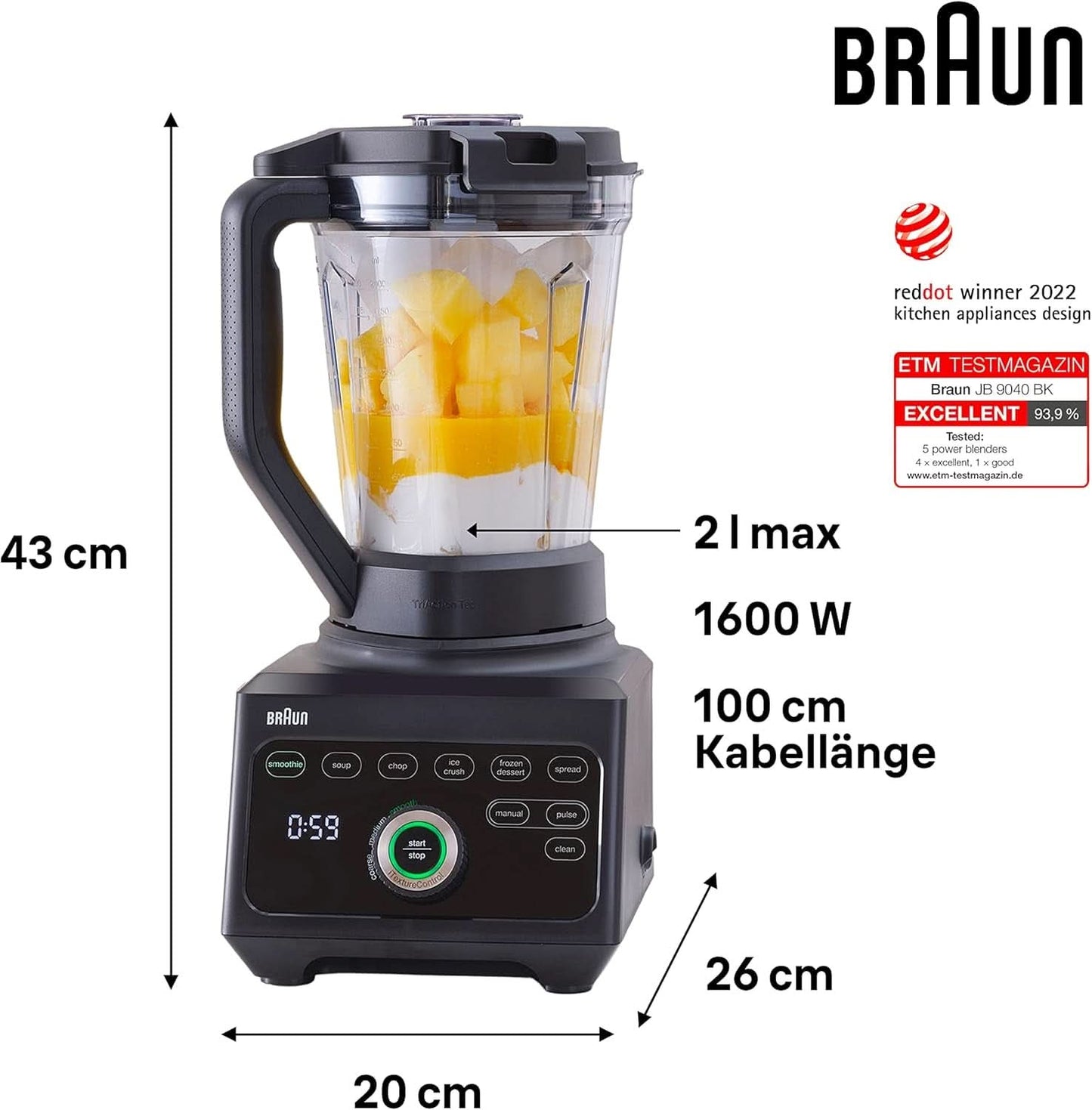 Braun Hochleistungsmixer Powerblend 9 JB9040 - Batidora de pie con mezclador de vidrio, 18 programas de mezcla, 10 Geschwindigkeiten + función de pulso, función Heiße Suppen, programa de reinigung, Stampfer, 1600 W, Schwarz Kitchen Naty Shop