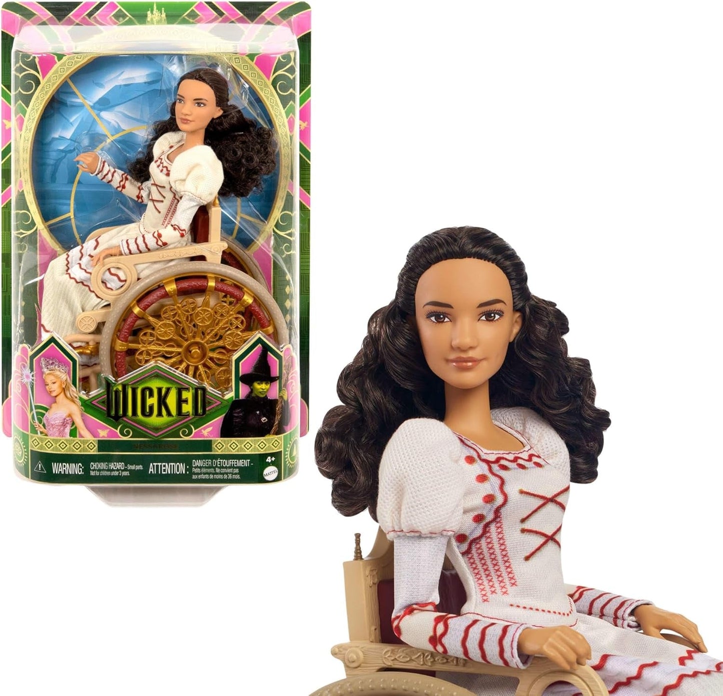 Muñeca de moda Mattel Wicked Nessarose y accesorios, incluida silla de ruedas, con cabello castaño rizado, varias poses y apariencia de vestido de fiesta desmontable, HXY36