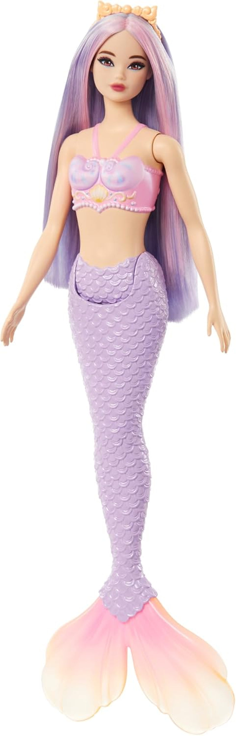 Muñeca Barbie Sirena con Diadema y Cabello Elegante Rosa y Lila, Top de Concha y Aleta de Cola Azul Lavanda, HRR06 Naty Shop Muñecas